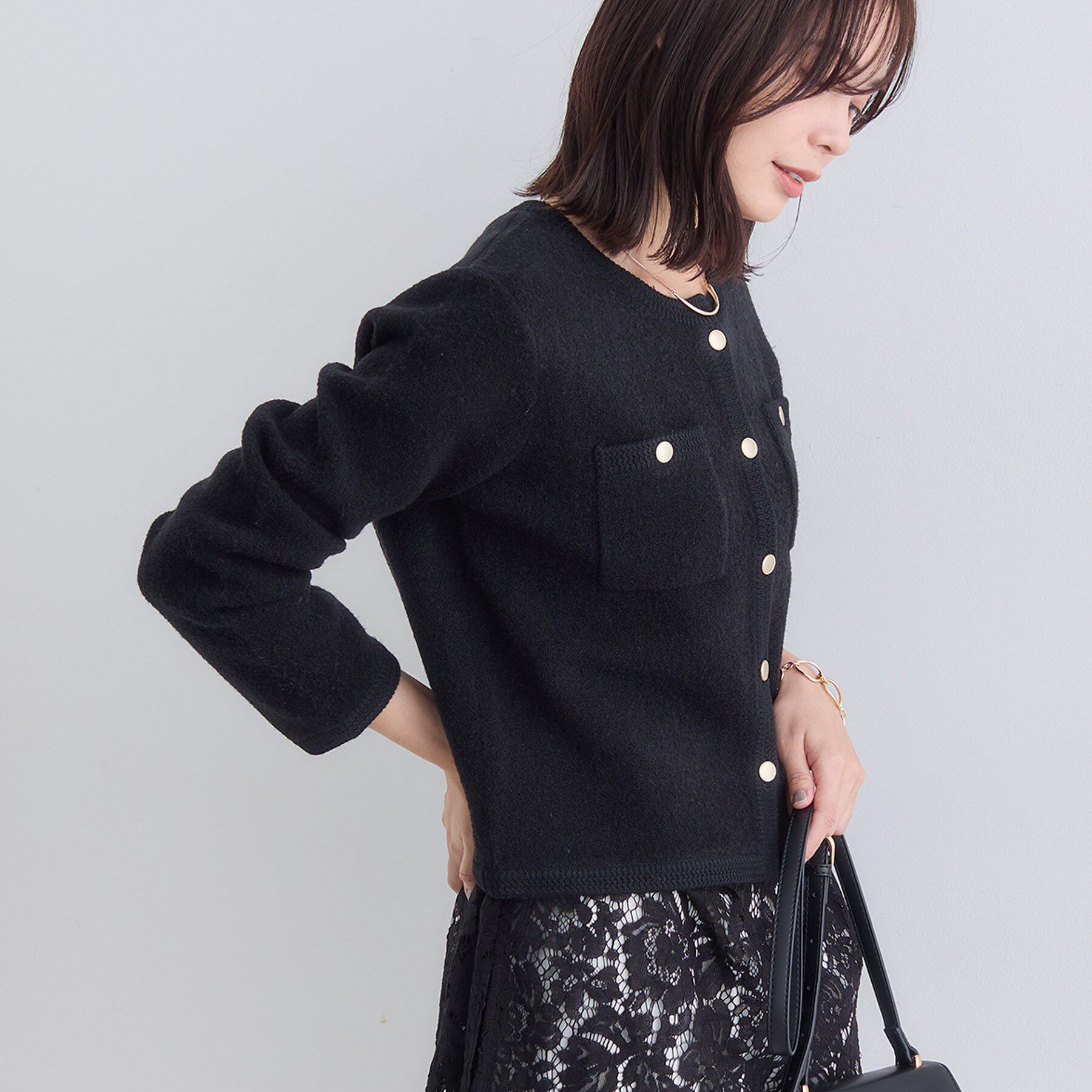 INDIVI「【ミニブークレ素材】ジャケットライクカーディガン」|カーディガン|