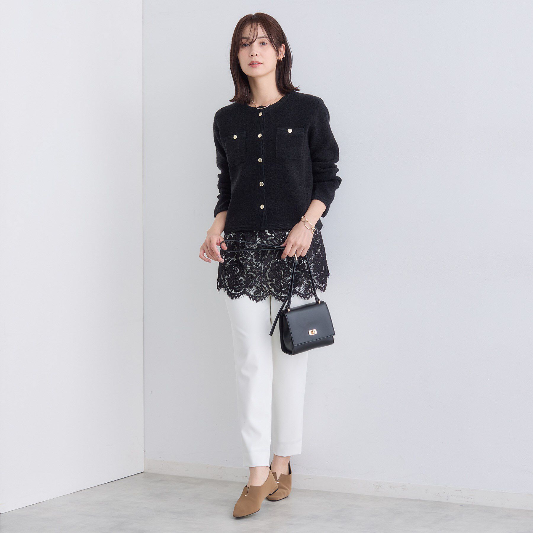 INDIVI「【ミニブークレ素材】ジャケットライクカーディガン」|カーディガン|