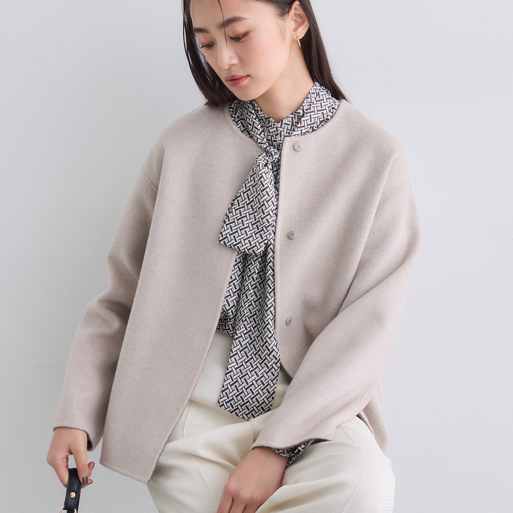 INDIVI「【配色デザイン／ショート丈】ウールリバー ノーカラーコート」|ノーカラーコート|