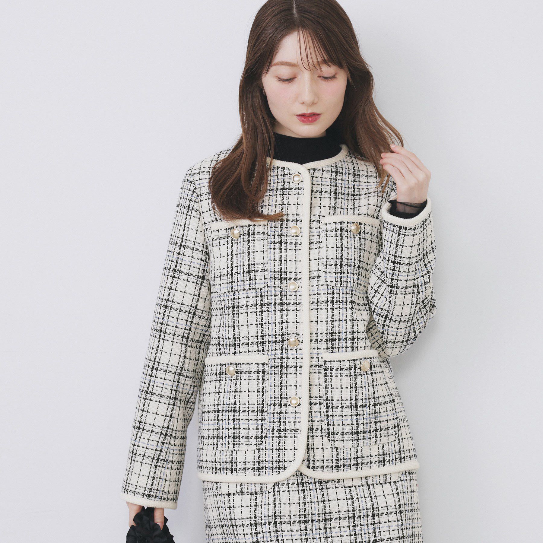 index「チェックツイードジャケットコート/セットアップ対応【洗える】」|ノーカラージャケット|アイボリー(204)