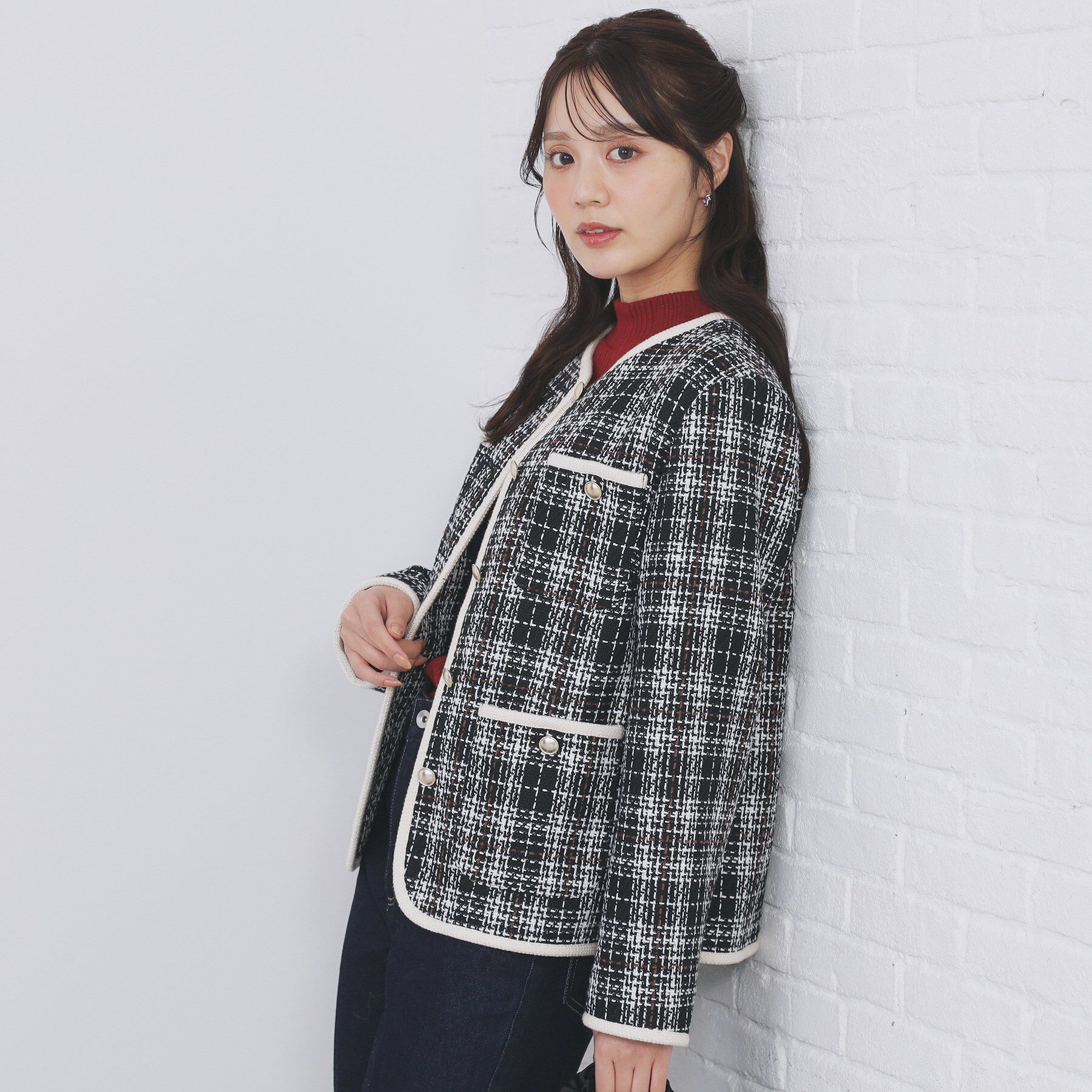 index「チェックツイードジャケットコート/セットアップ対応【洗える】」|ノーカラージャケット|