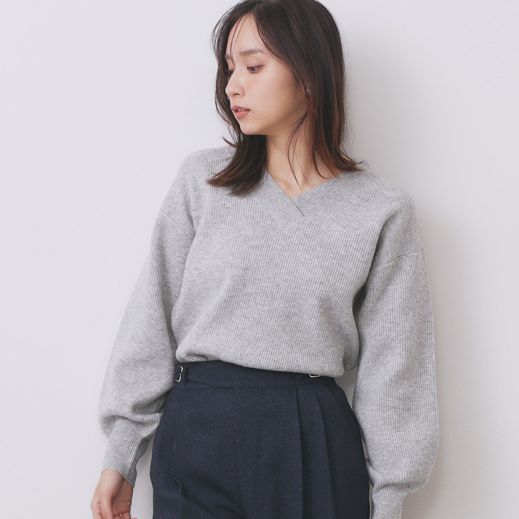 index「片畦Vネックボクシーパフニット【洗濯機OK】」|ニット・セーター|