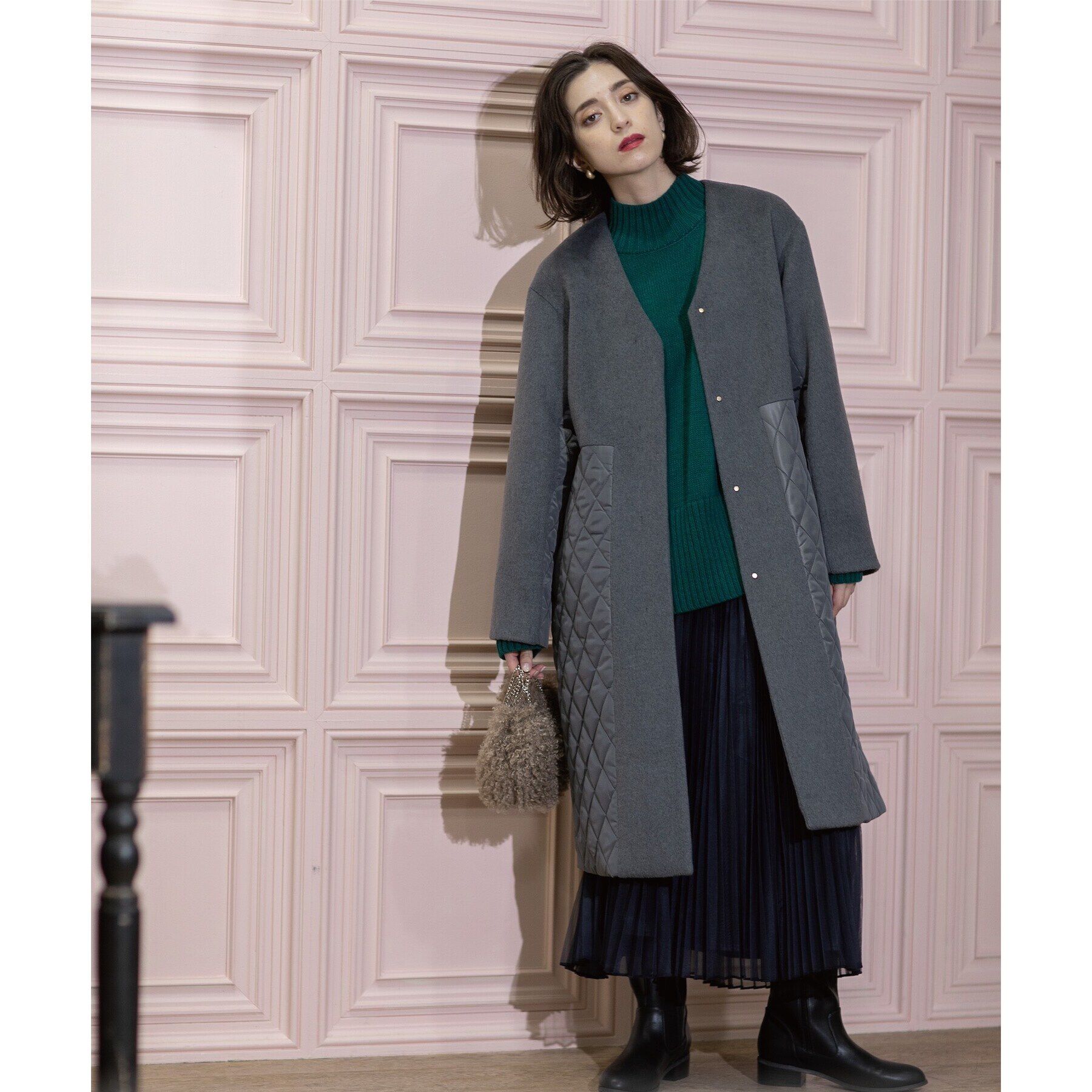 OPAQUE.CLIP「《S-LLsize》ウールカシミヤブレンド キルティングドッキングコート」|ノーカラーコート|