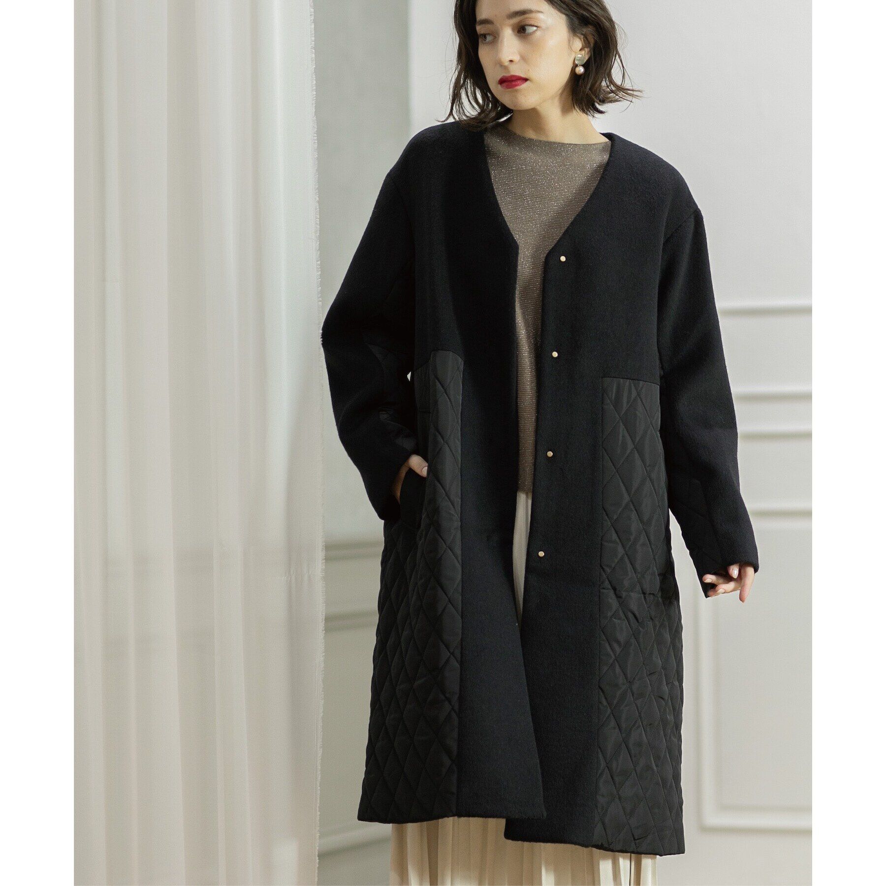 OPAQUE.CLIP「《S-LLsize》ウールカシミヤブレンド キルティングドッキングコート」|ノーカラーコート|