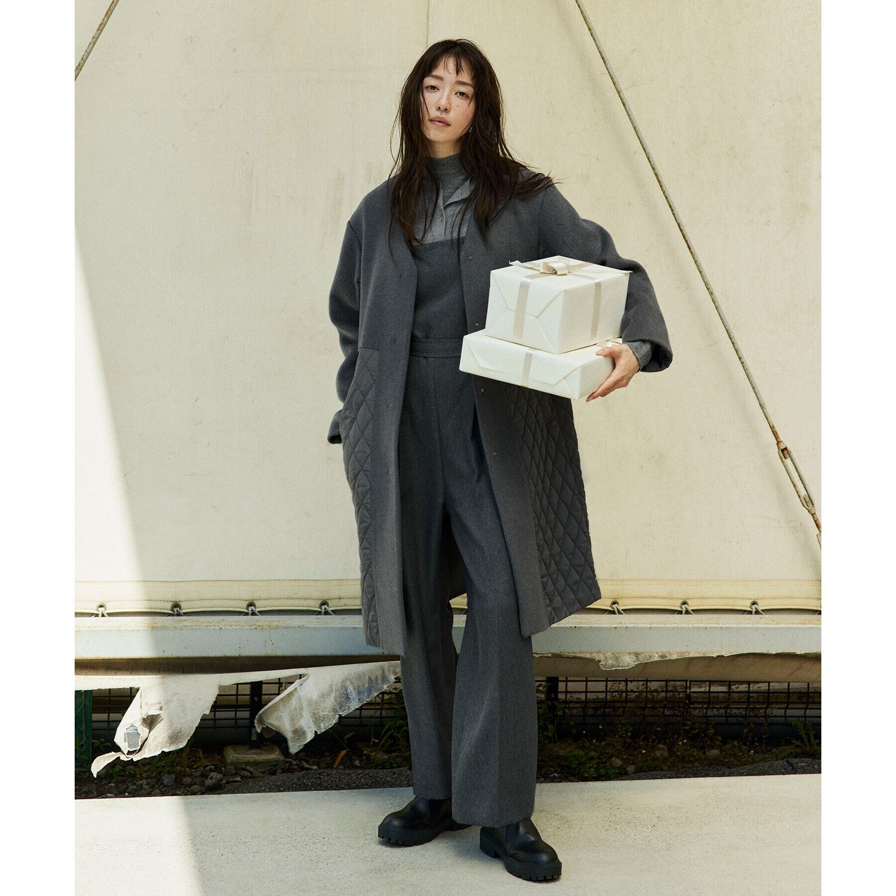 OPAQUE.CLIP「《S-LLsize》ウールカシミヤブレンド キルティングドッキングコート」|ノーカラーコート|