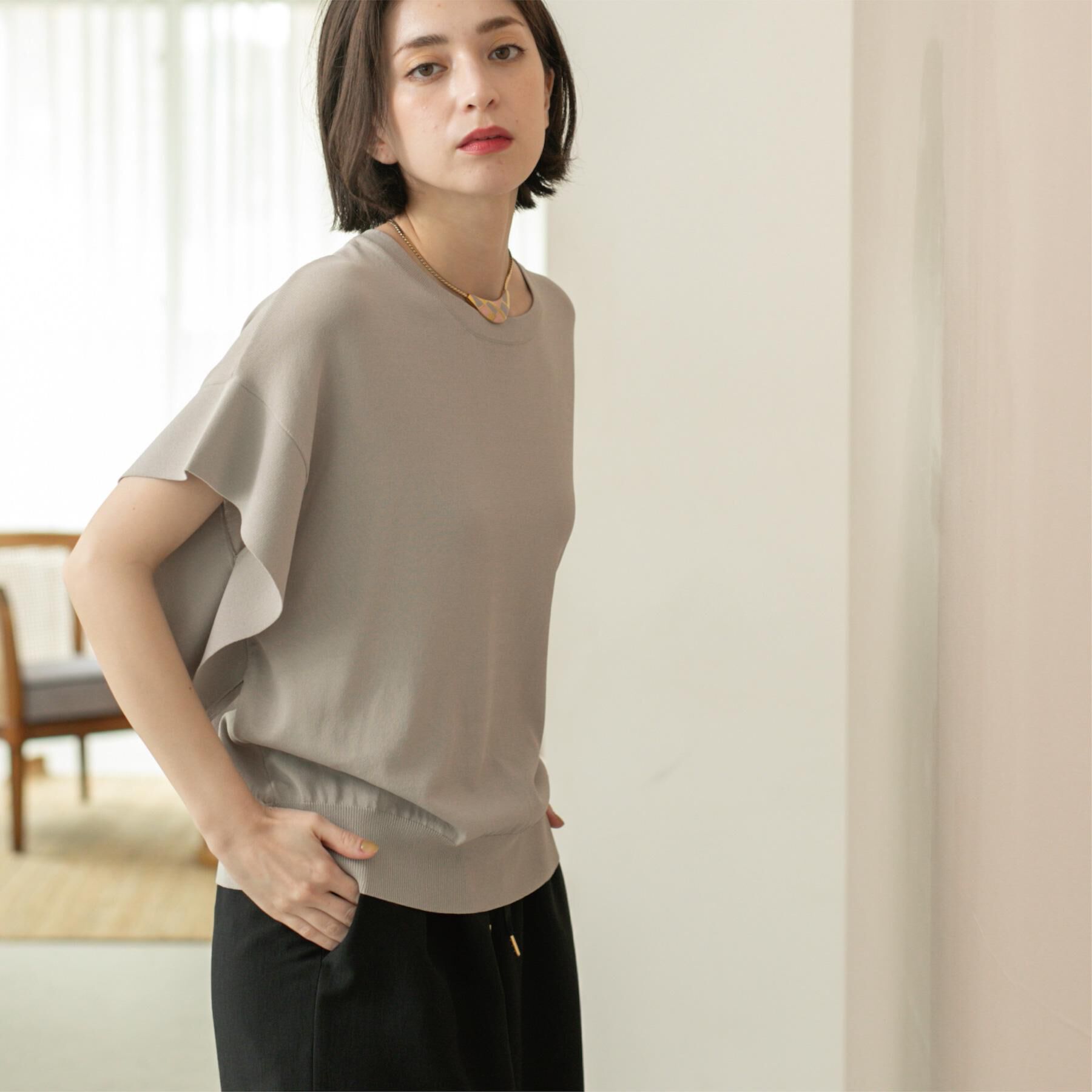 OPAQUE.CLIP「フリルスリーブニット【UVケア/接触冷感/洗濯機洗い可/抗ピル】」|ニット・セーター|