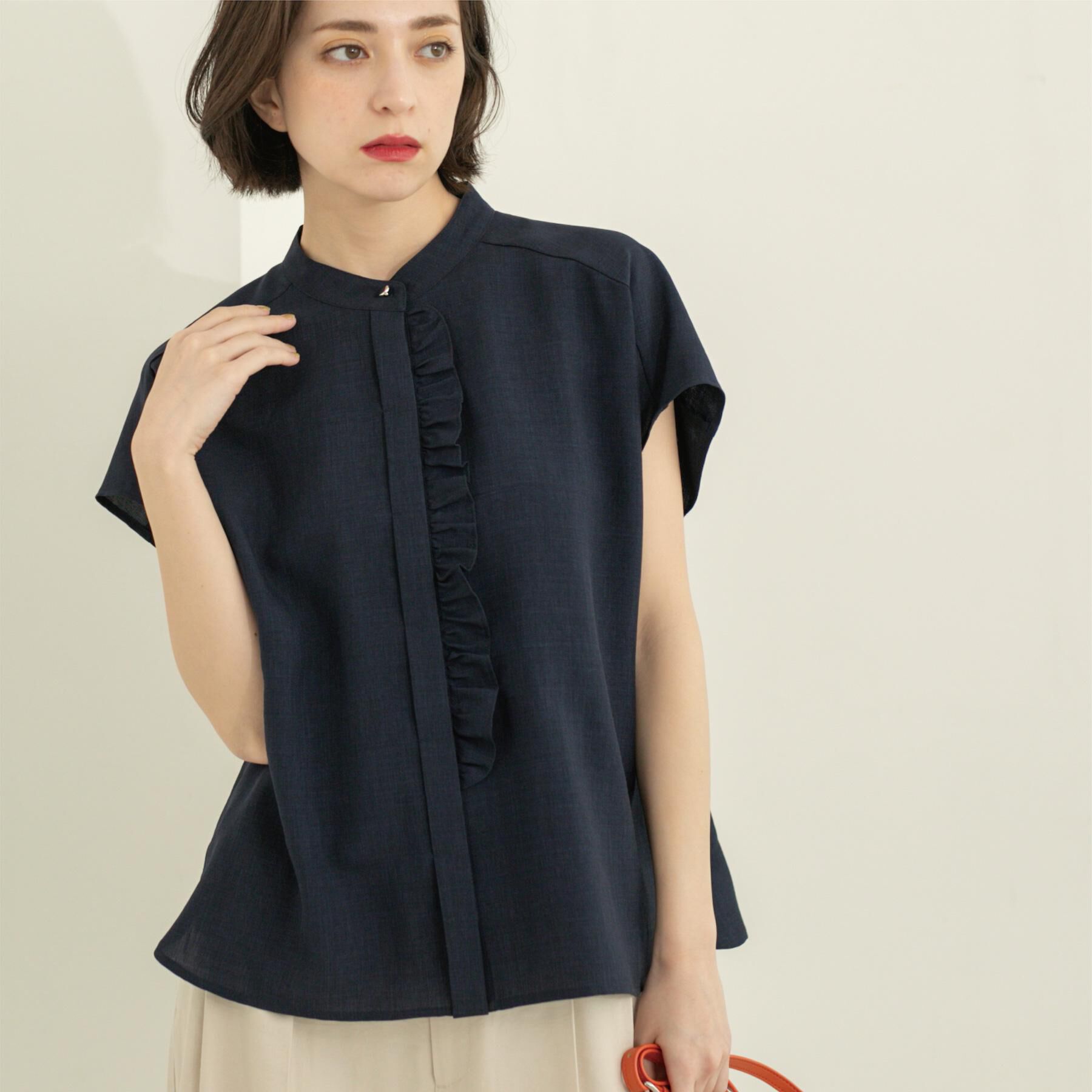 OPAQUE.CLIP「リネンライクフロントフリルブラウス【洗濯機洗い可/吸水速乾/接触冷感】」|シャツ・ブラウス|ネイビー(094)