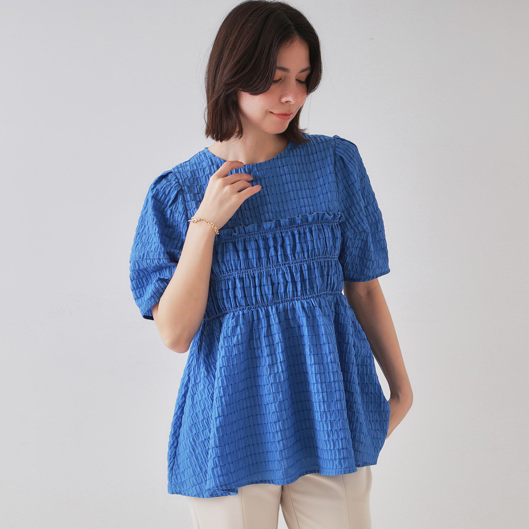 OPAQUE.CLIP「シャーリングペプラムブラウス【洗濯機洗い可】」|シャツ・ブラウス|