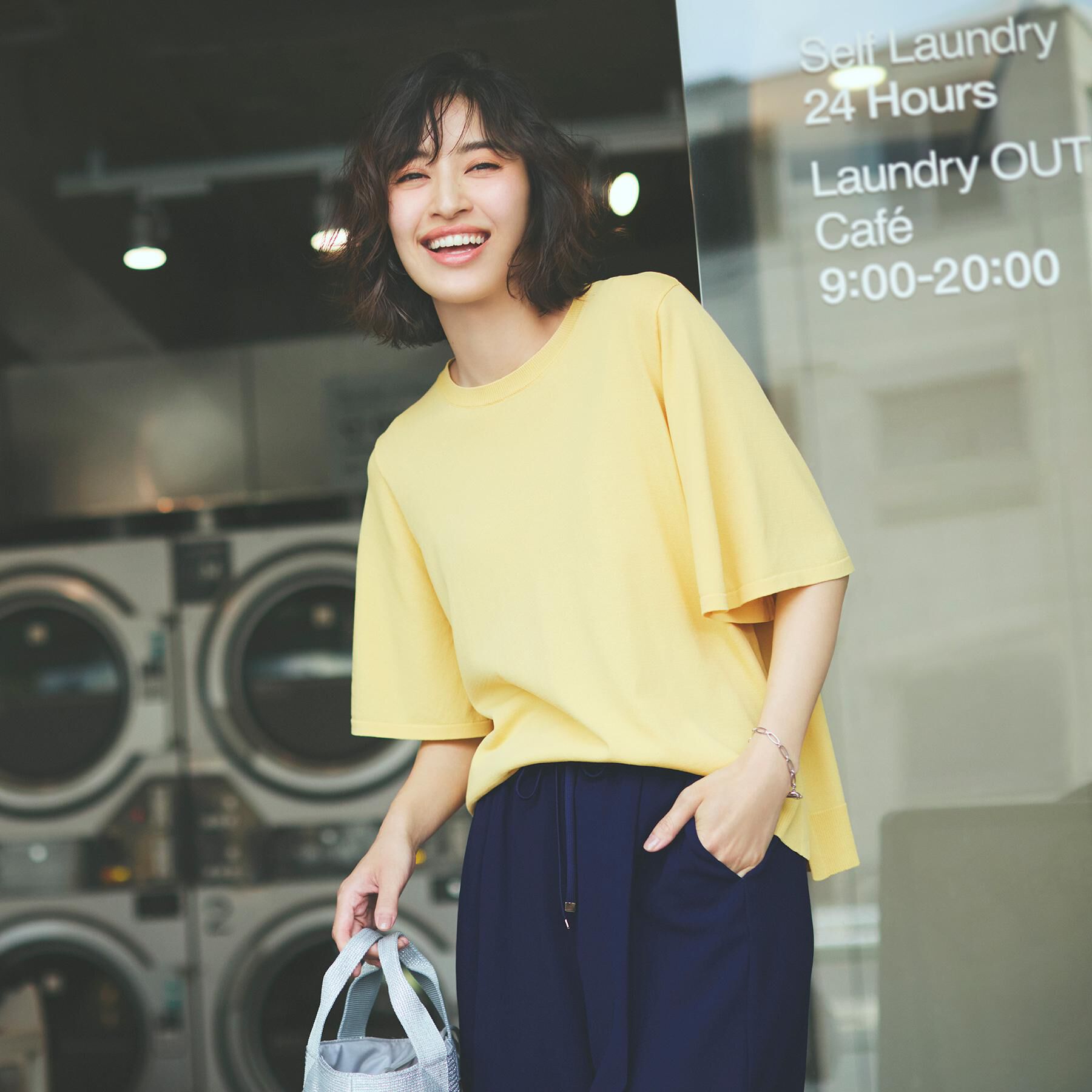 OPAQUE.CLIP「《6色展開/S-LLサイズ》フレアスリーブニット【UV/接触冷感/抗ピル/洗濯機洗い可】」|ニット・セーター|イエロー(032)