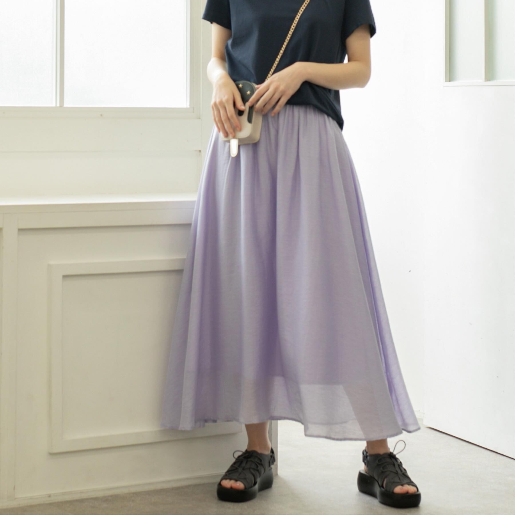 OPAQUE.CLIP「麻混シアーギャザーフレアスカート【洗濯機洗い可】」|スカート|