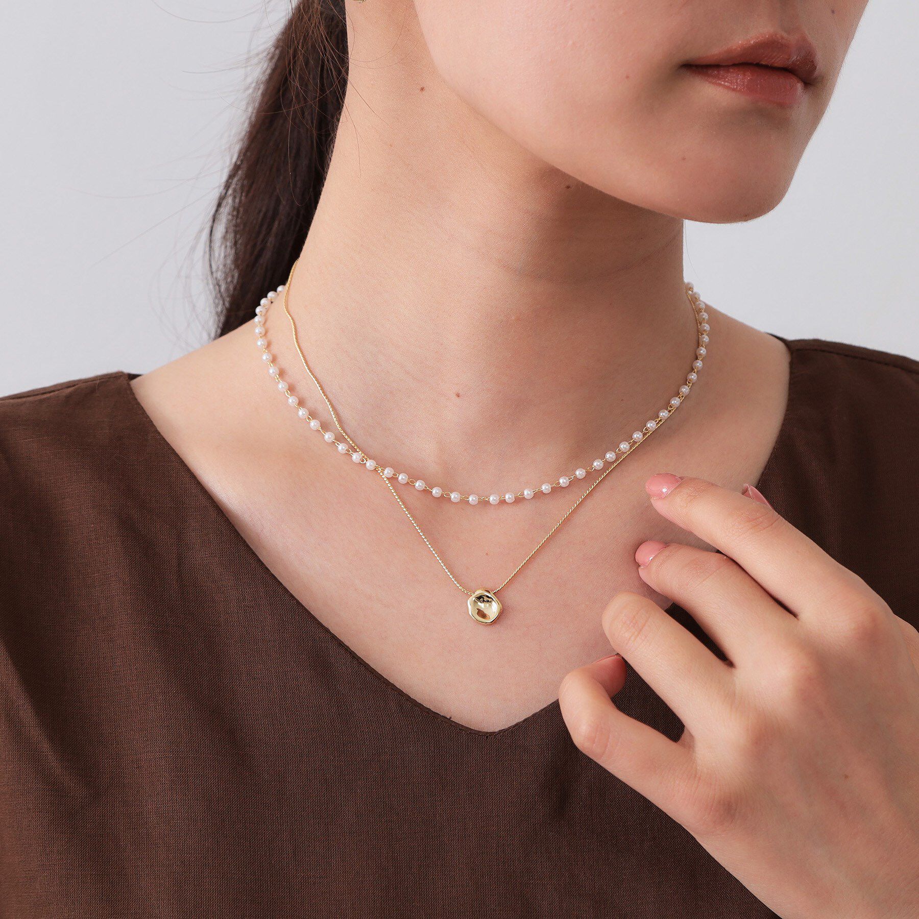 OPAQUE.CLIP「フェイクパール&times;コインチェーン 2連ネックレス」|ネックレス|