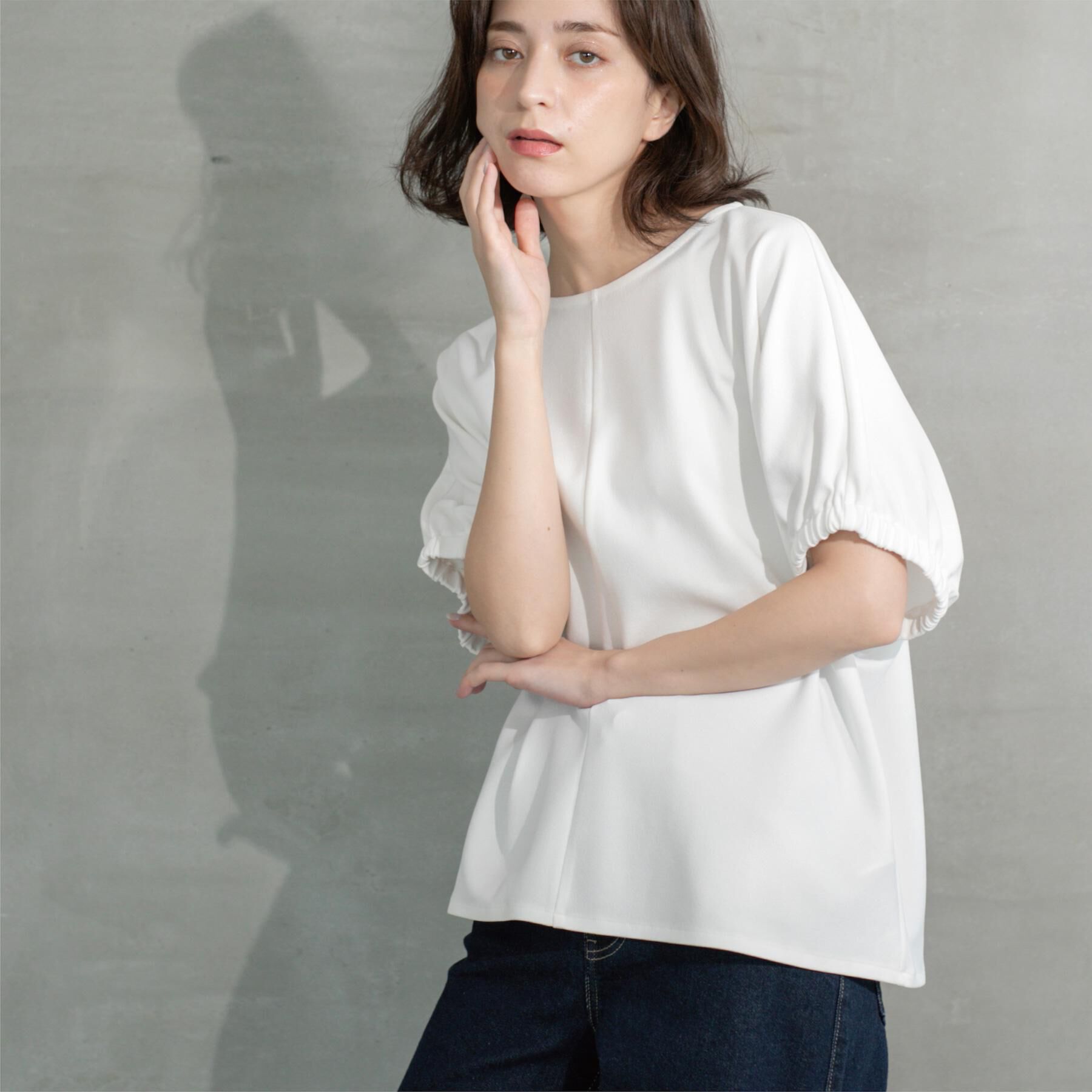 OPAQUE.CLIP「ギャザードルマンスリーブトップス【UV/吸水速乾/洗濯機洗い可】」|Tシャツ・カットソー|ホワイト(001)