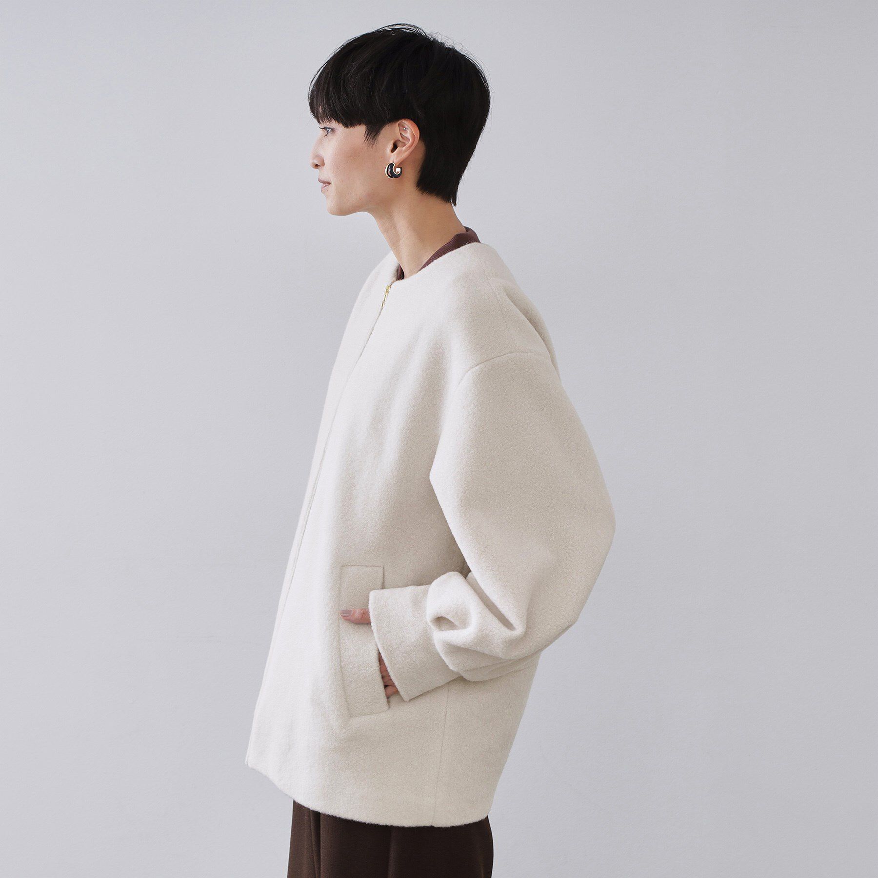 OPAQUE.CLIP「もこもこノーカラージップミドルコート【洗える】」|ノーカラーコート|