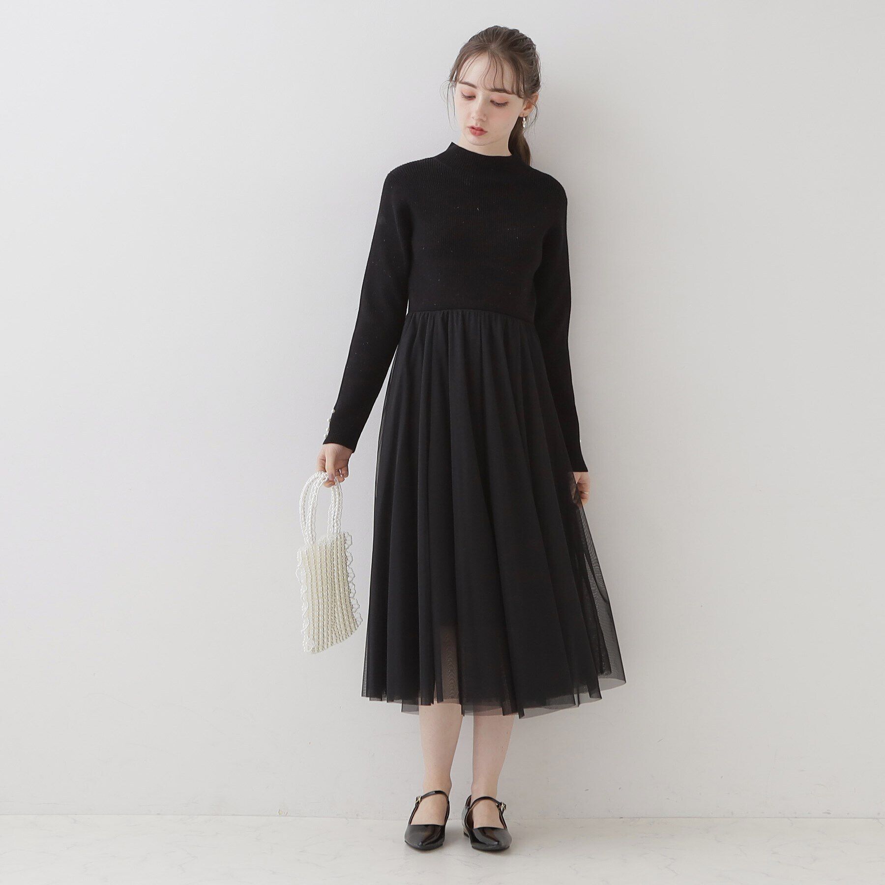 Couture broach「【ふわっと軽い上品なワンピ】ラメニットチュールドッキングワンピース」|ワンピース|