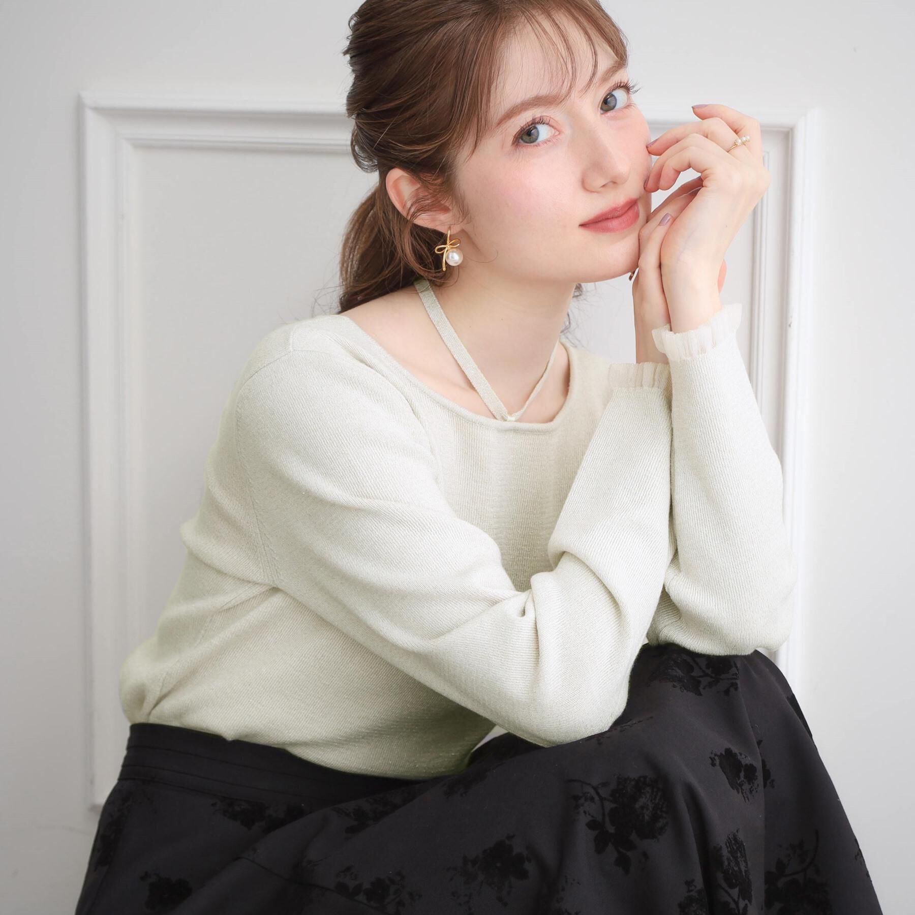 Couture broach「【大人可愛い・リボン取り外し可】前後2WAYラメリブ シアープチフリルニット」|ニット・セーター|