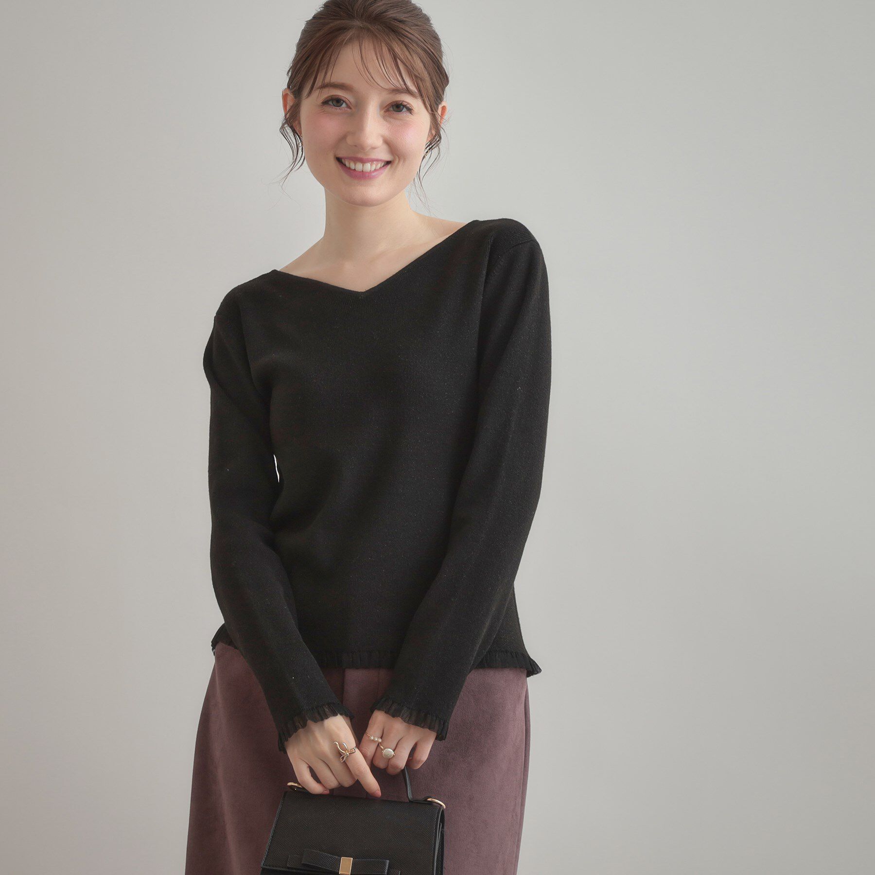 Couture broach「【大人可愛い・リボン取り外し可】前後2WAYラメリブ シアープチフリルニット」|ニット・セーター|