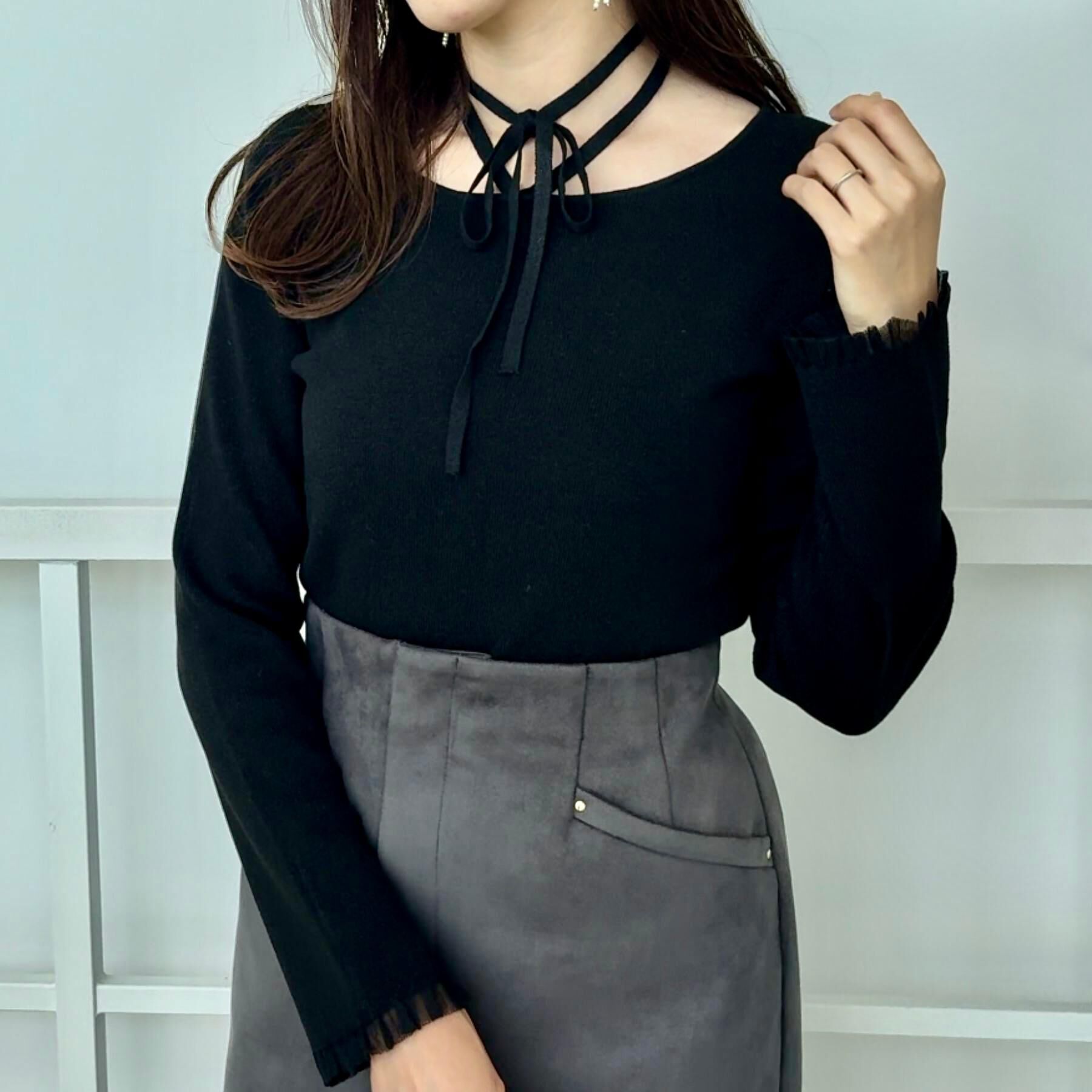 Couture broach「【大人可愛い・リボン取り外し可】前後2WAYラメリブ シアープチフリルニット」|ニット・セーター|