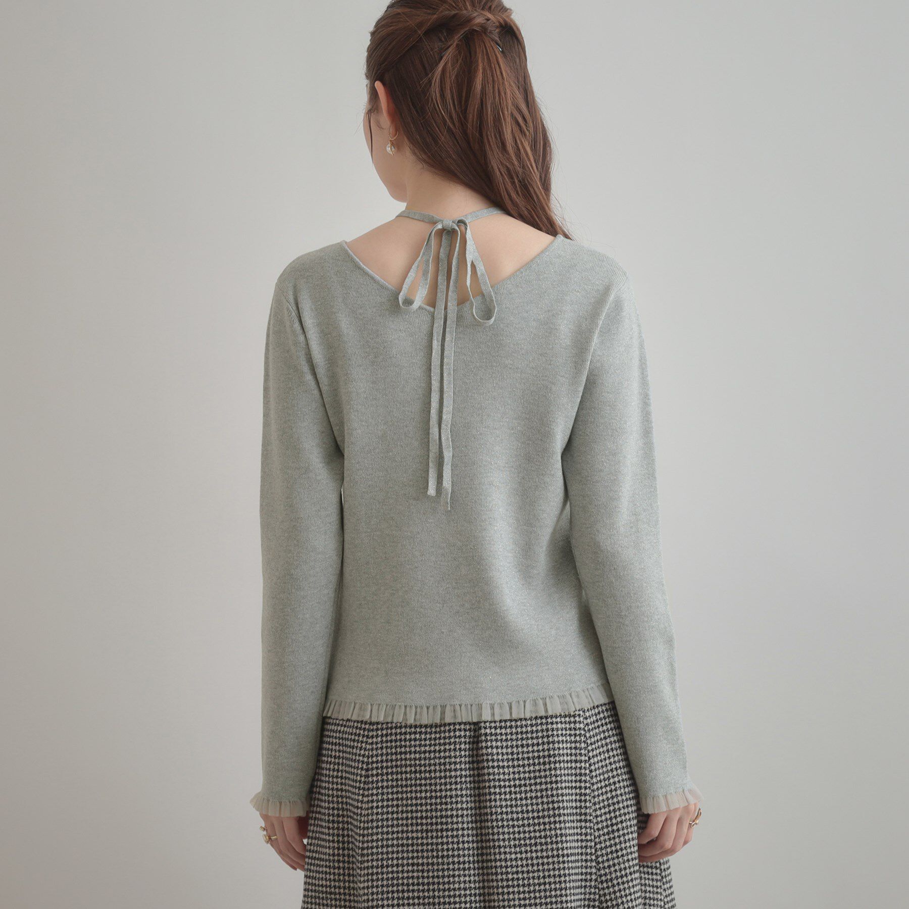 Couture broach「【大人可愛い・リボン取り外し可】前後2WAYラメリブ シアープチフリルニット」|ニット・セーター|