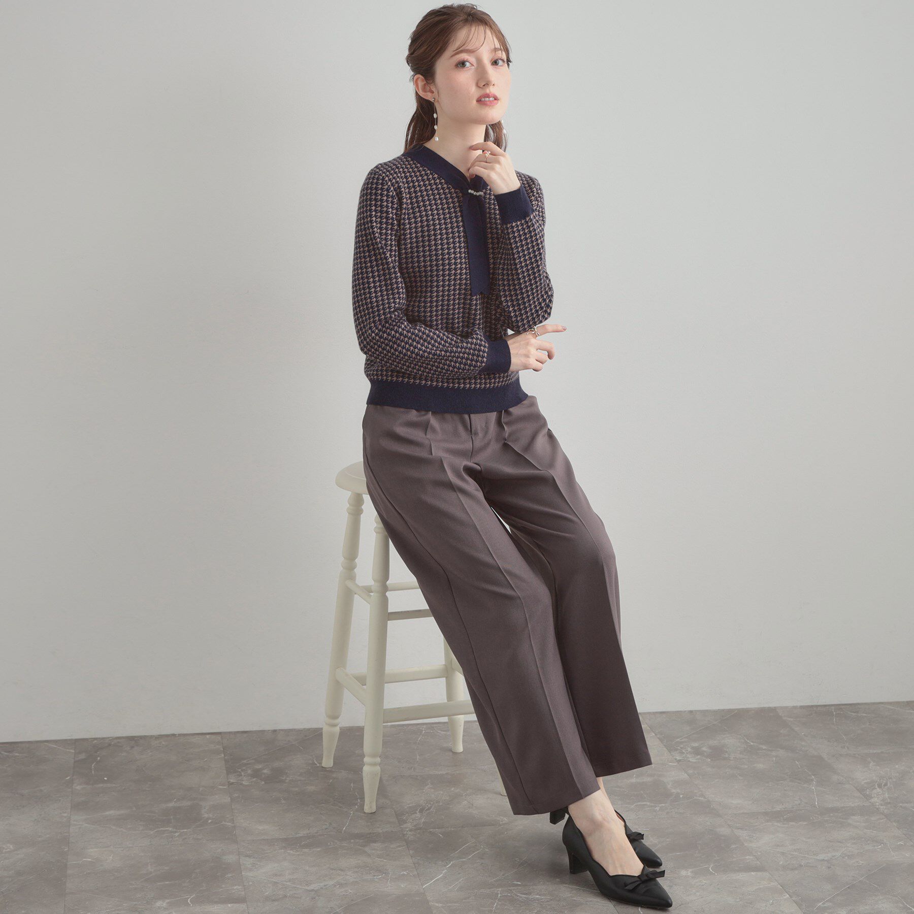 Couture broach「【クラシカル・大人レディ】千鳥ジャカードパール調タイニットトップス」|ニット・セーター|