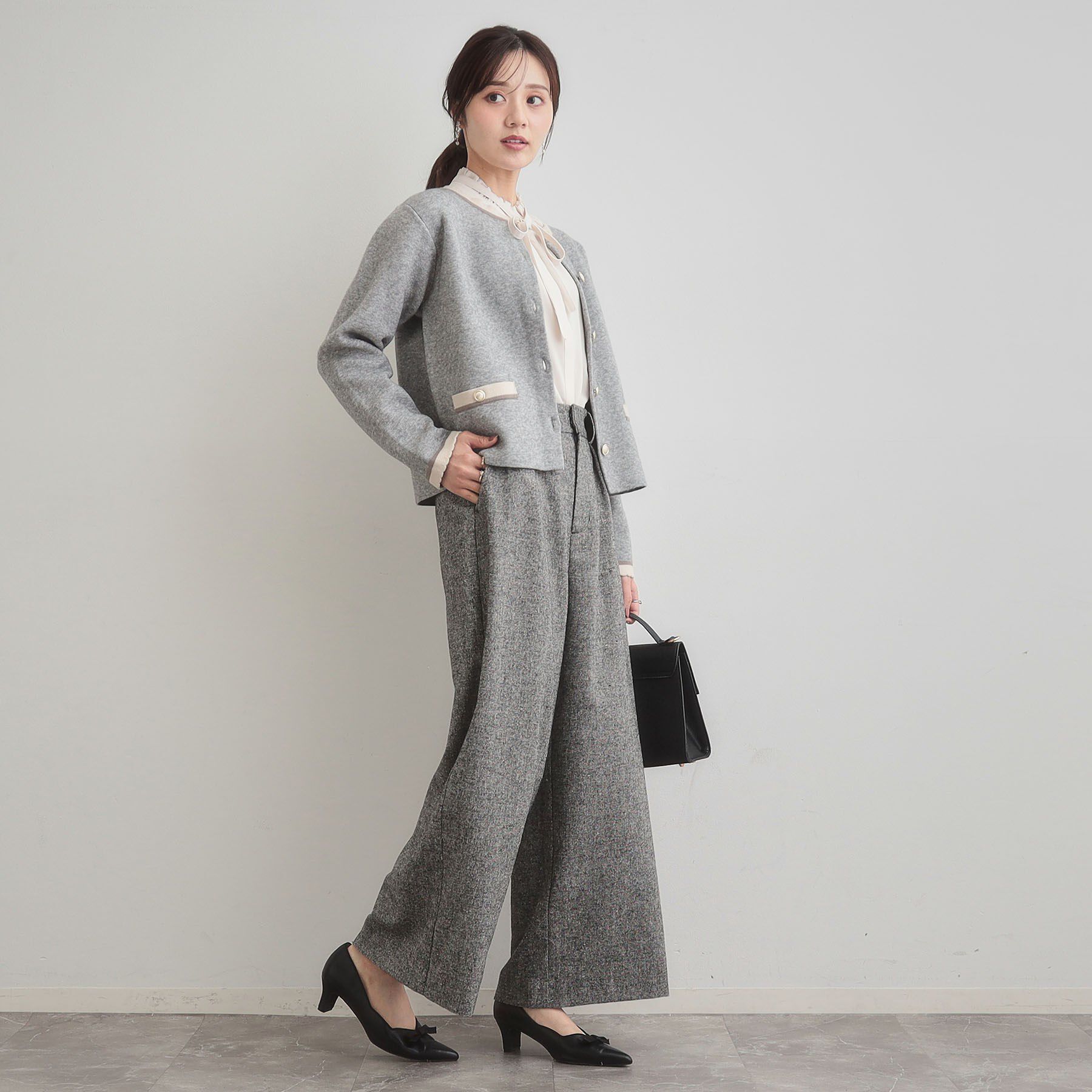 Couture broach「【通勤・大人上品】ムースタッチジャカード 配色スカラカーディ」|カーディガン|