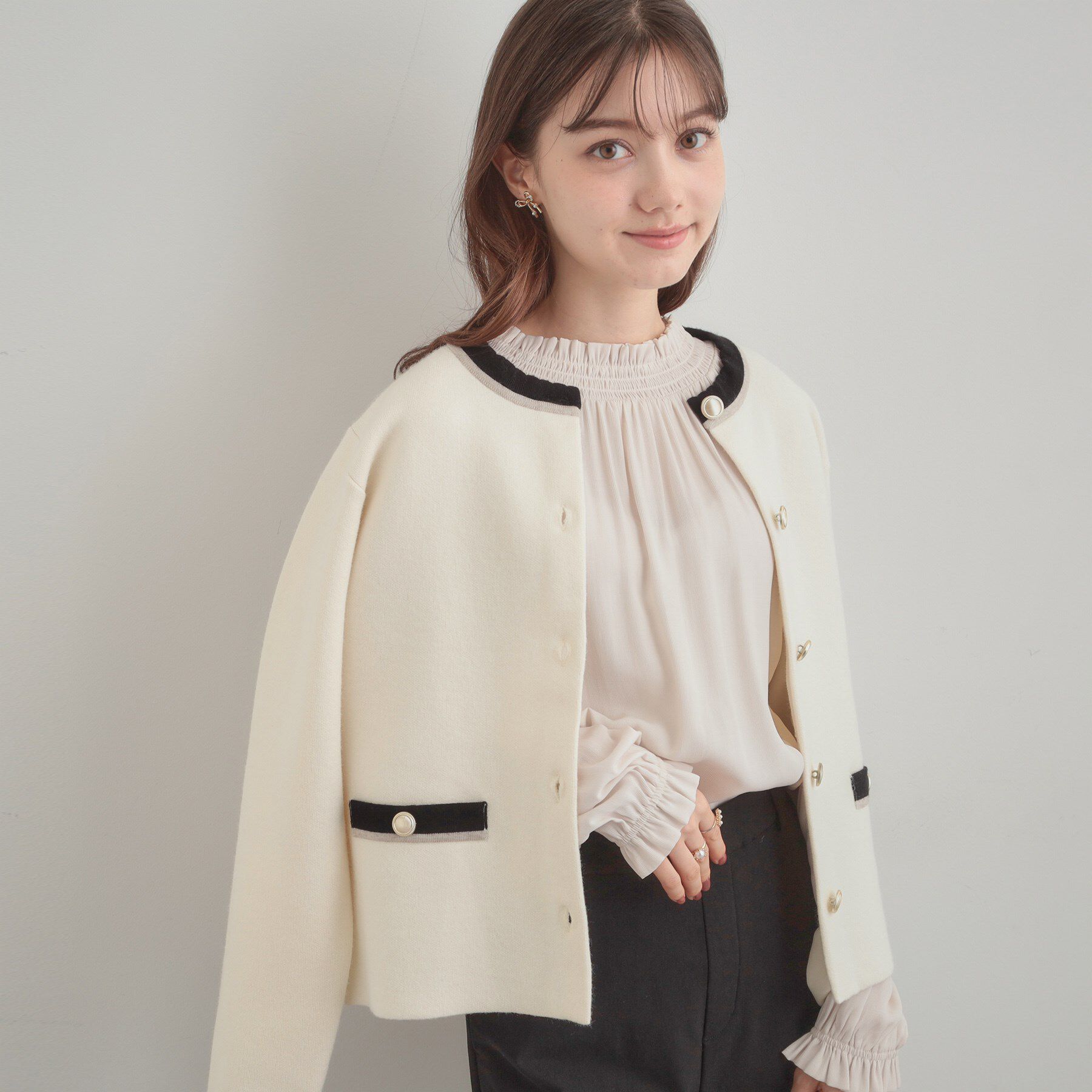 Couture broach「【通勤・大人上品】ムースタッチジャカード 配色スカラカーディ」|カーディガン|