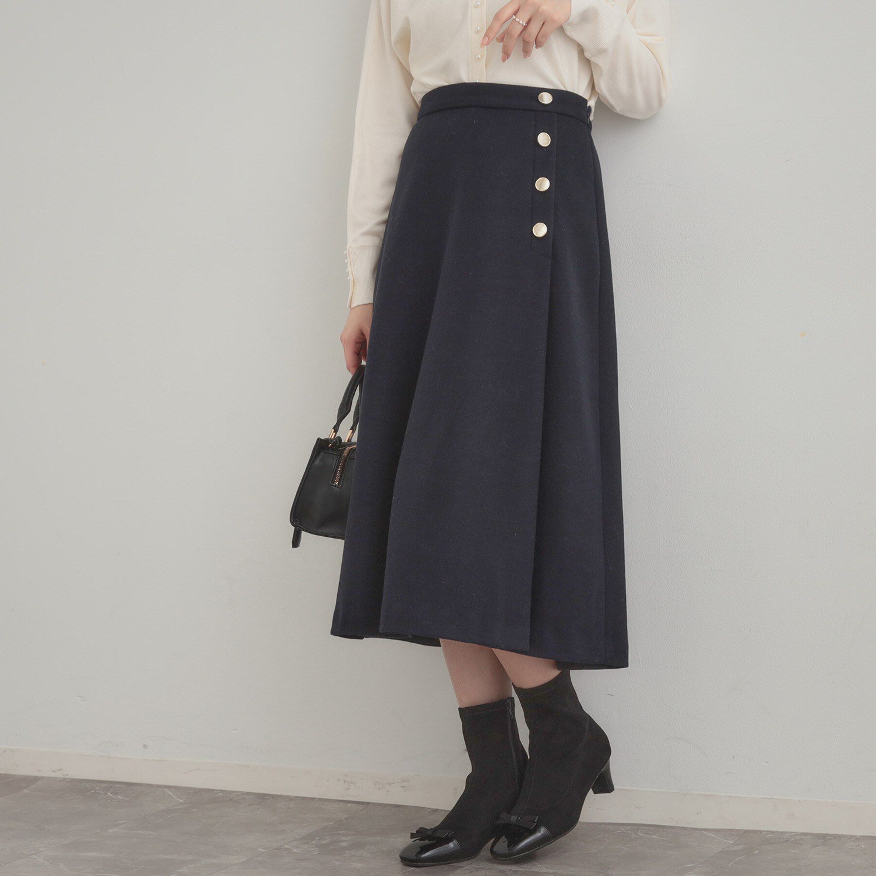 Couture broach「【通勤/金ボタン】フェイクウール ポンチスカート」|スカート|ネイビー(094)