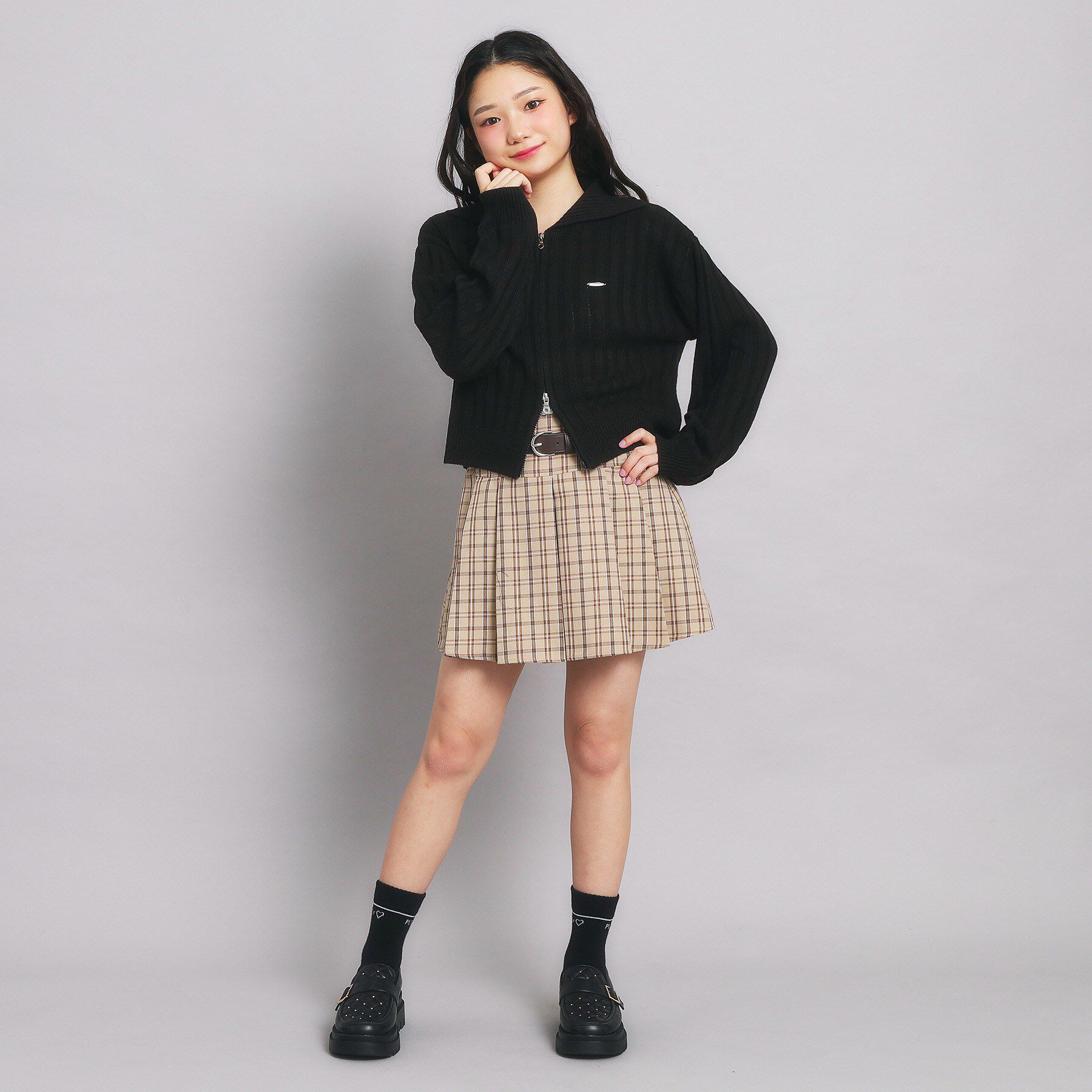 PINK-latte「ダブルジップビッグカラーニット」|カーディガン|