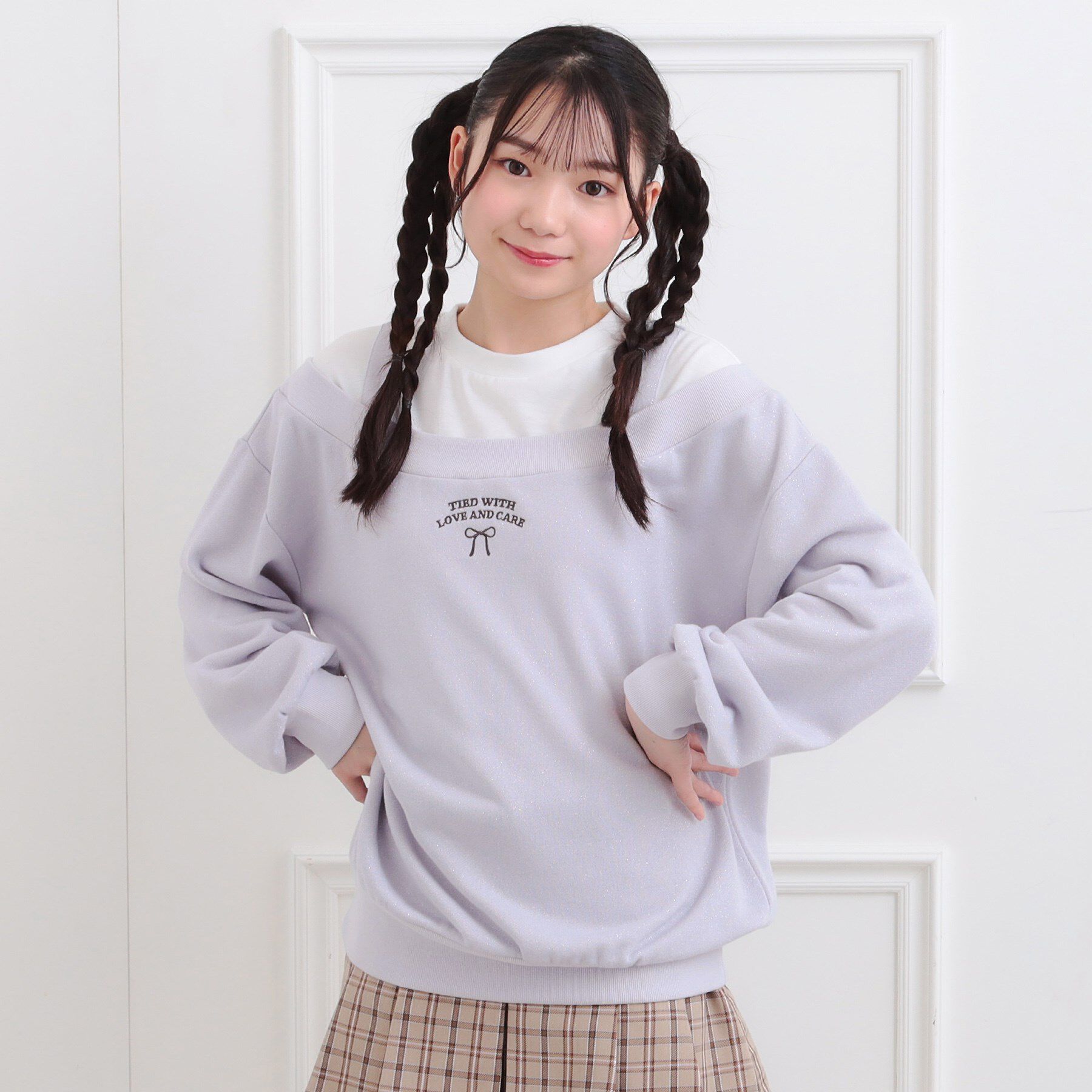 PINK-latte「ラメ裏毛オフショル風プルオーバー」|Tシャツ・カットソー|ラベンダー(080)