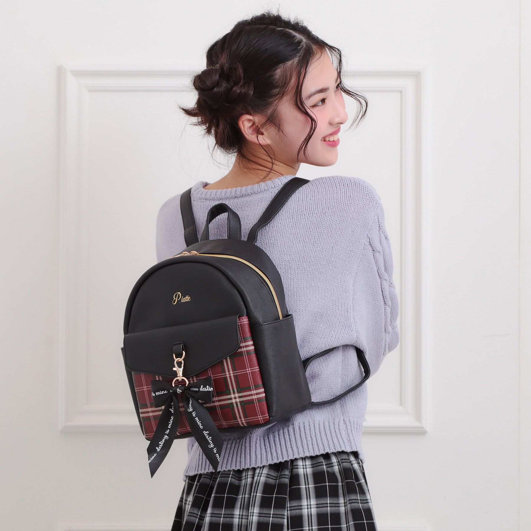 PINK-latte「フラップチェックミニリュック」|リュック|ブラック(119)