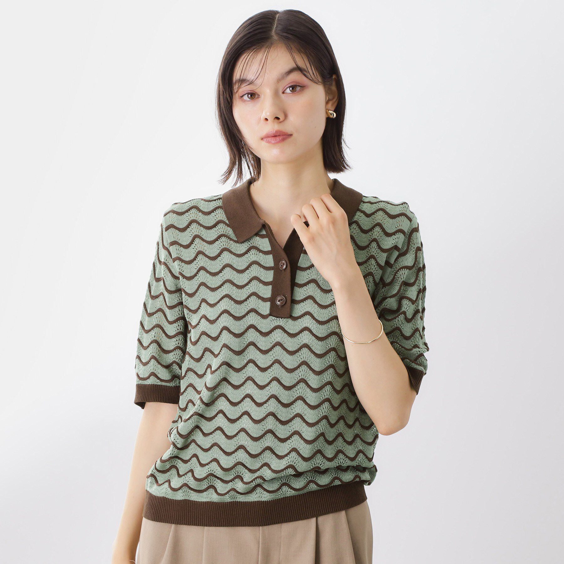 THE SHOP TK「【再入荷】柄アソートポロニットシャツ【洗濯機OK】」|ニット・セーター|グリーン(322)