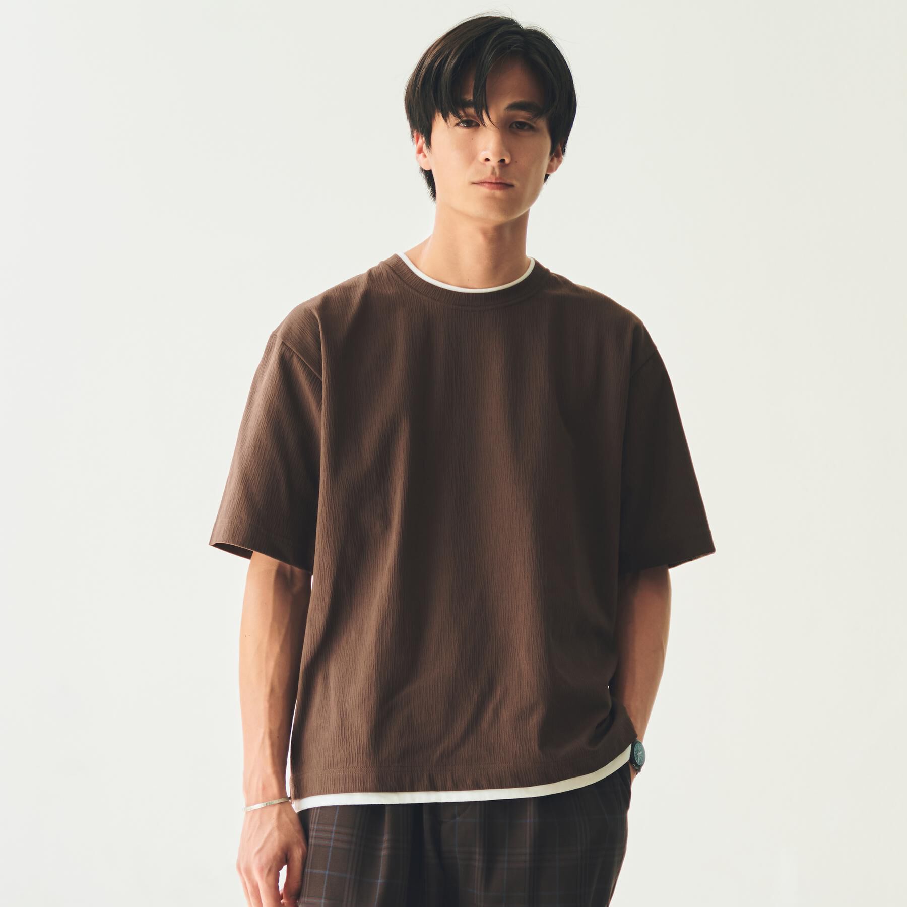 THE SHOP TK「楊柳フェイクレイヤード半袖Tシャツ 【吸水速乾/毛玉になりにくい/洗濯機OK】」|Tシャツ・カットソー|