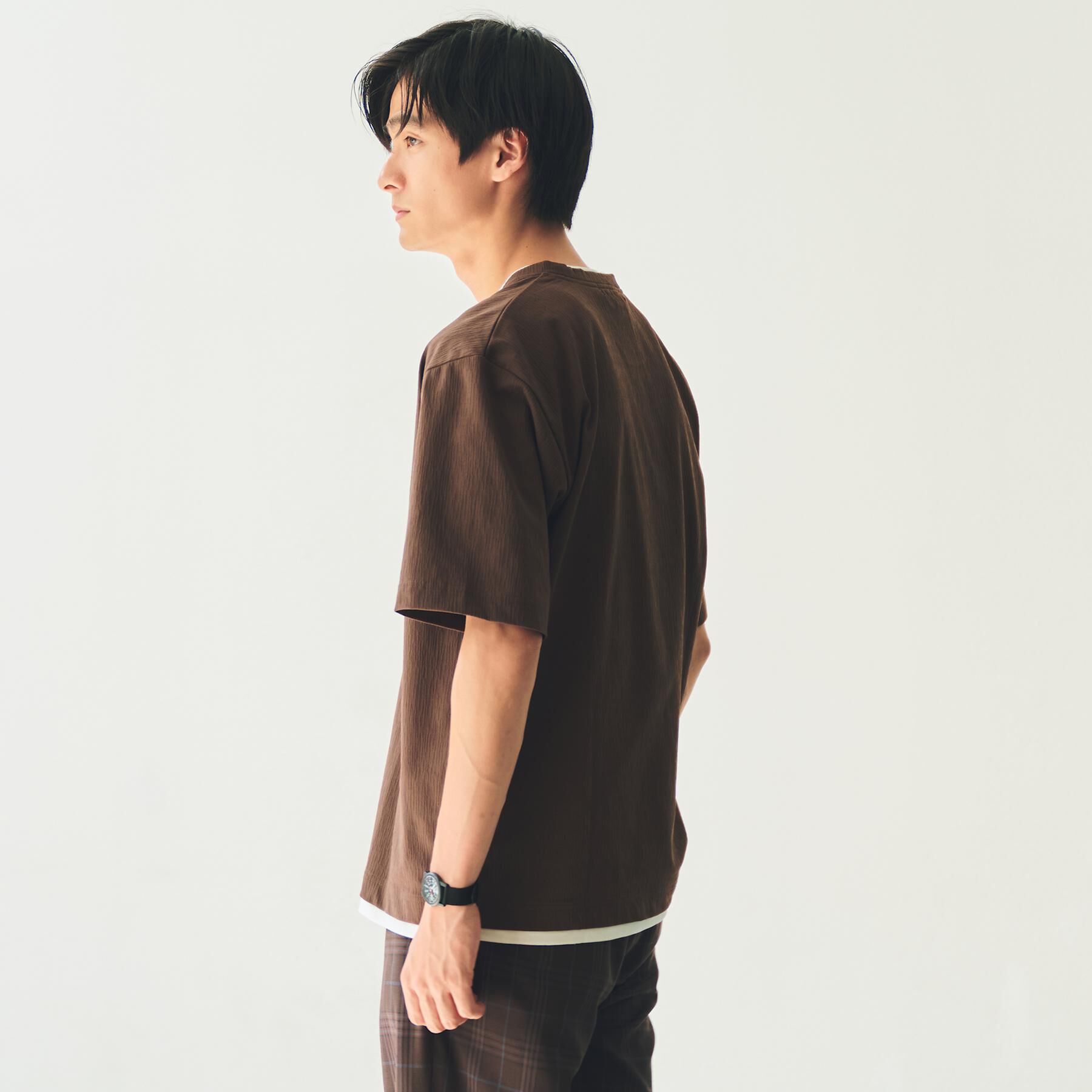 THE SHOP TK「楊柳フェイクレイヤード半袖Tシャツ 【吸水速乾/毛玉になりにくい/洗濯機OK】」|Tシャツ・カットソー|