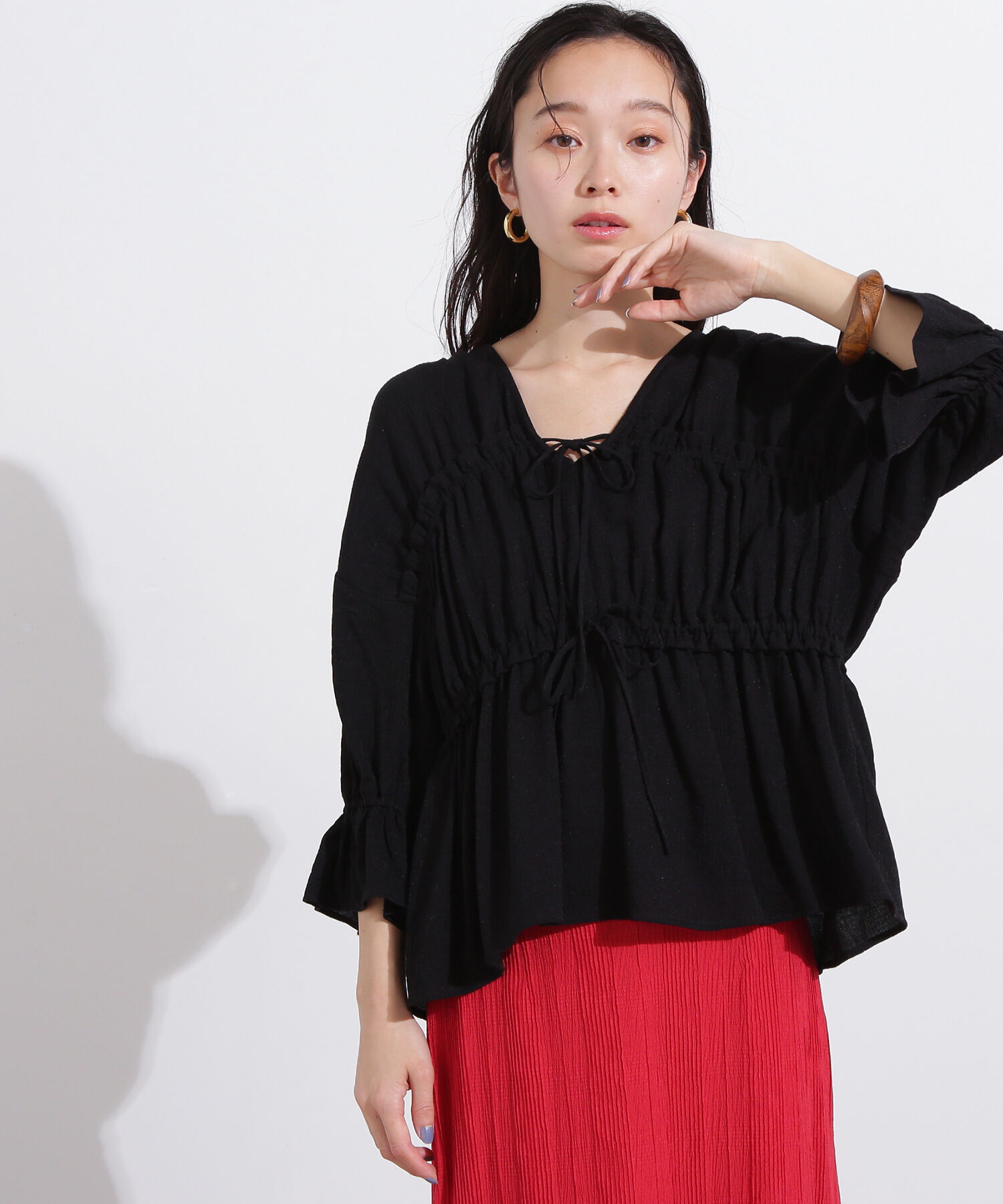  「楊柳シャーリングリボンブラウス」|シャツ・ブラウス|