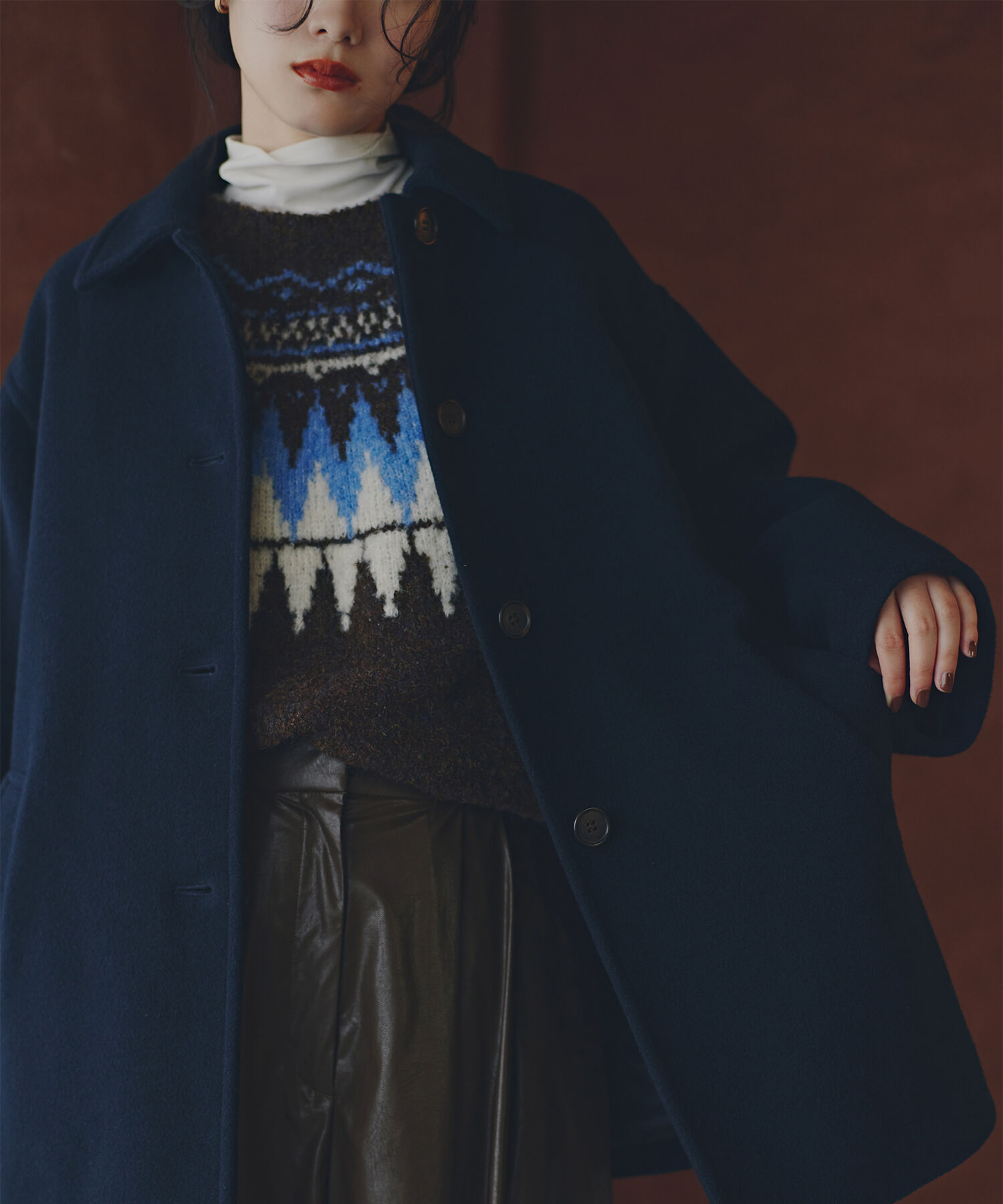  「ステンカラーミディコート」|ブルゾン・スタジャン|ネイビー