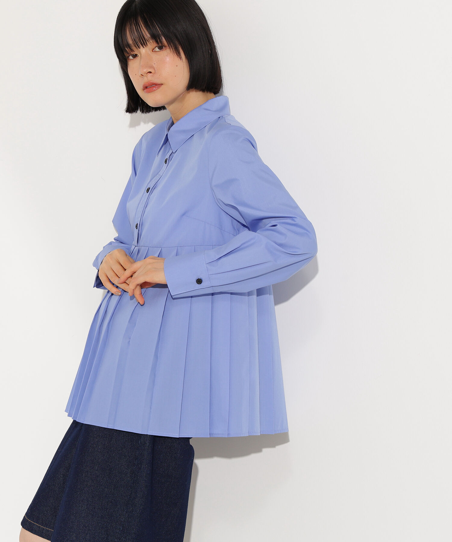  「プリーツペプラムブラウス」|シャツ・ブラウス|ブルー