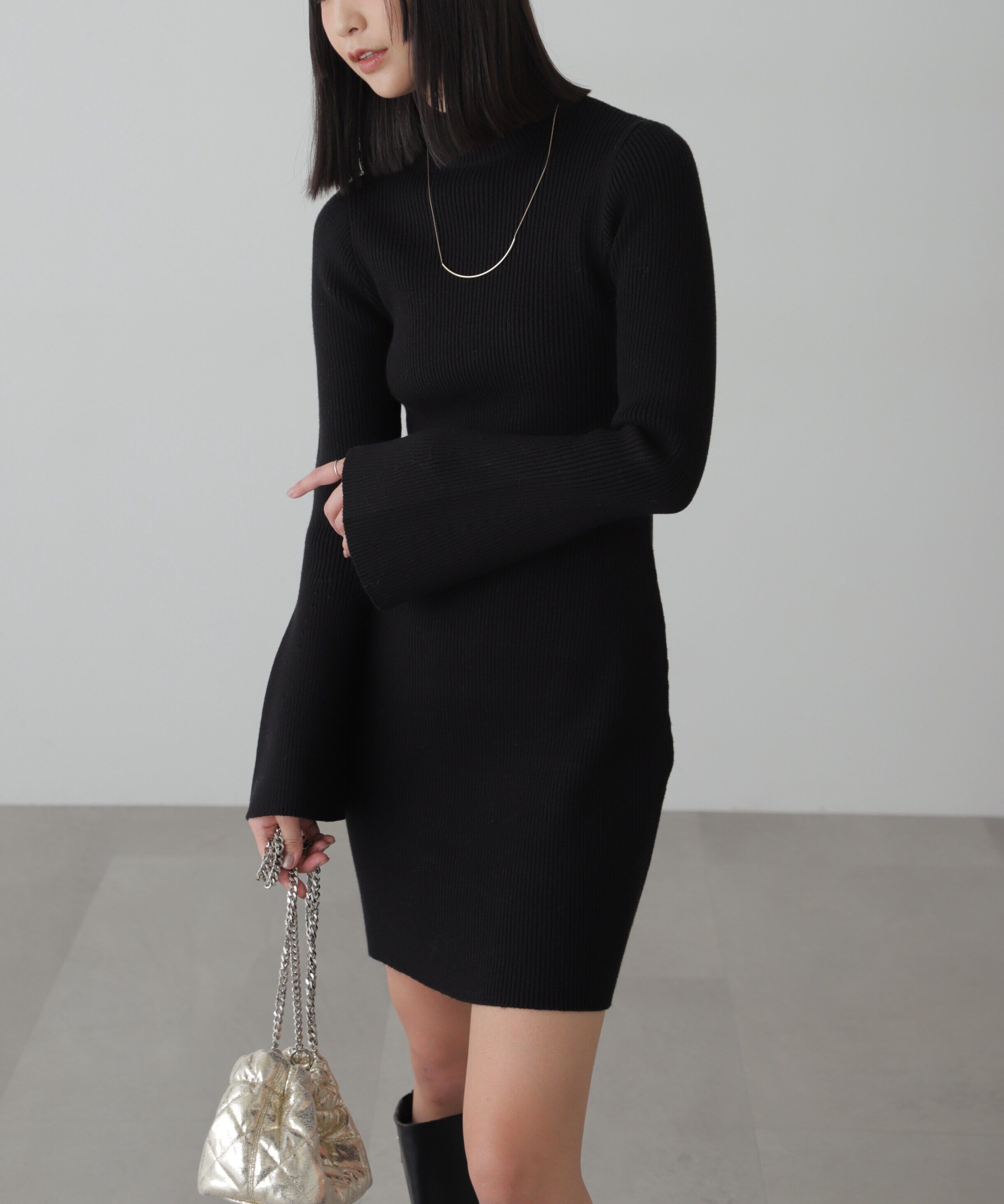  「ボトルネックリブニットミニワンピース」|ワンピース|ブラック