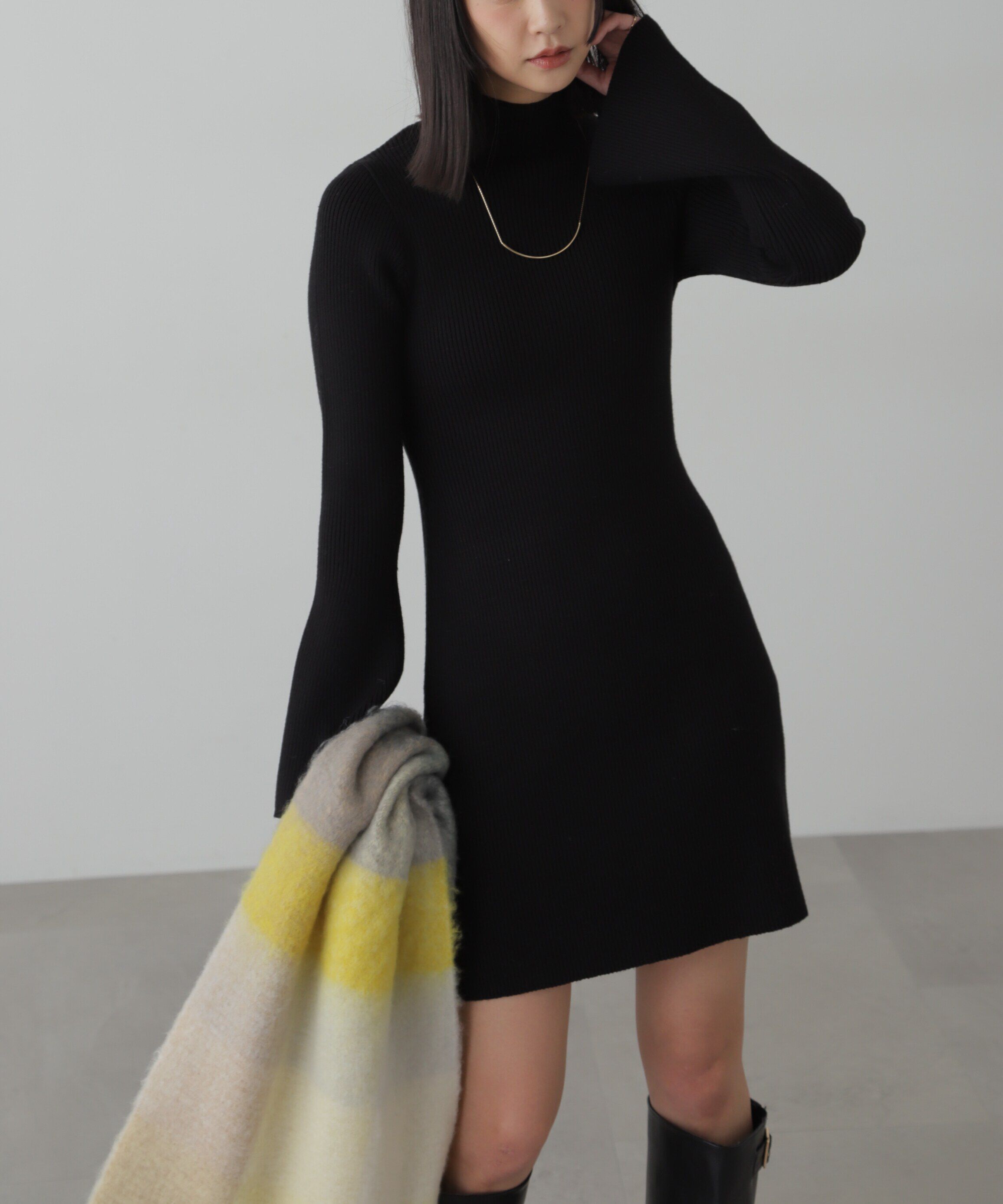 「ボトルネックリブニットミニワンピース」|ワンピース|