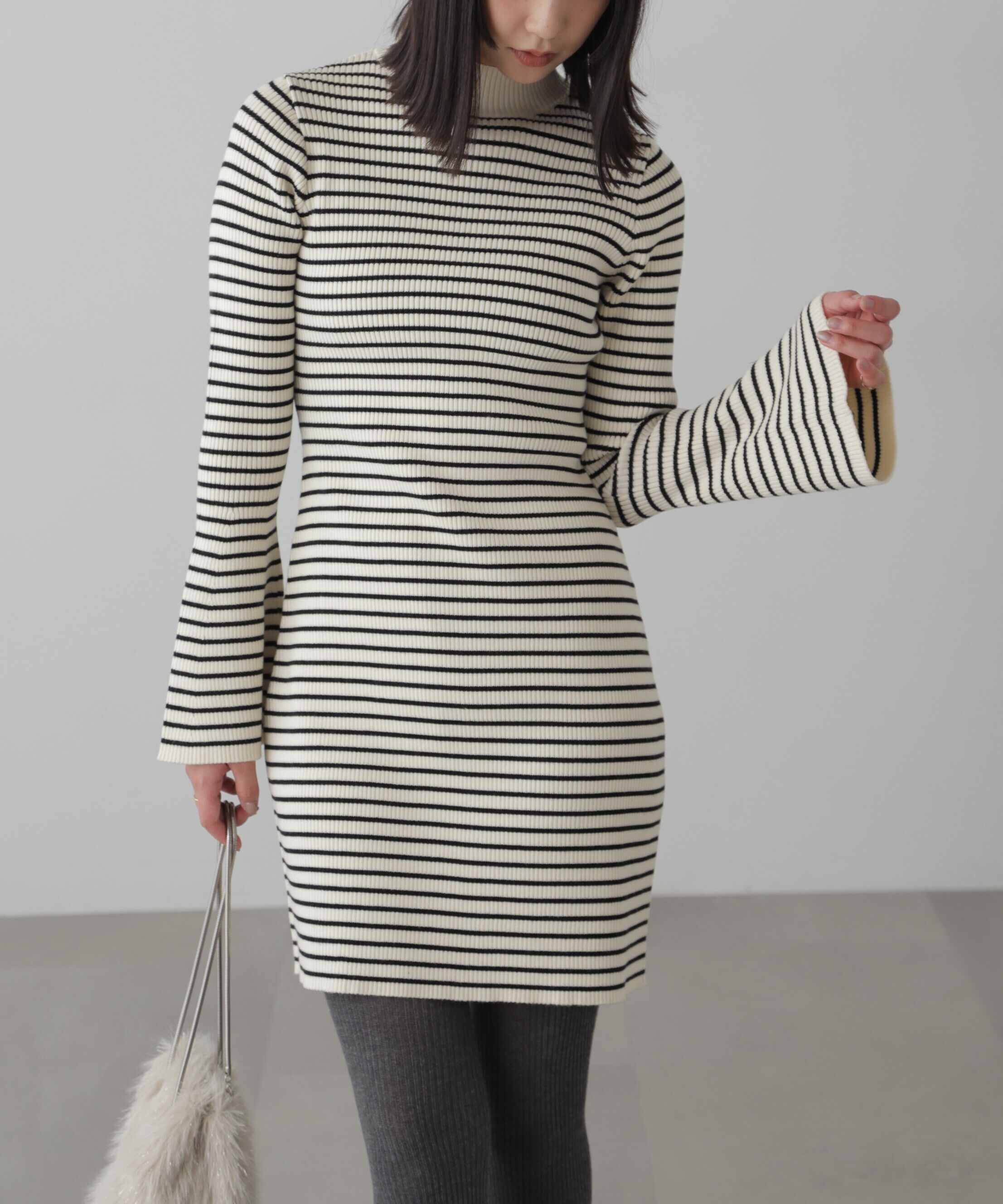  「ボトルネックリブニットミニワンピース」|ワンピース|ボーダー1