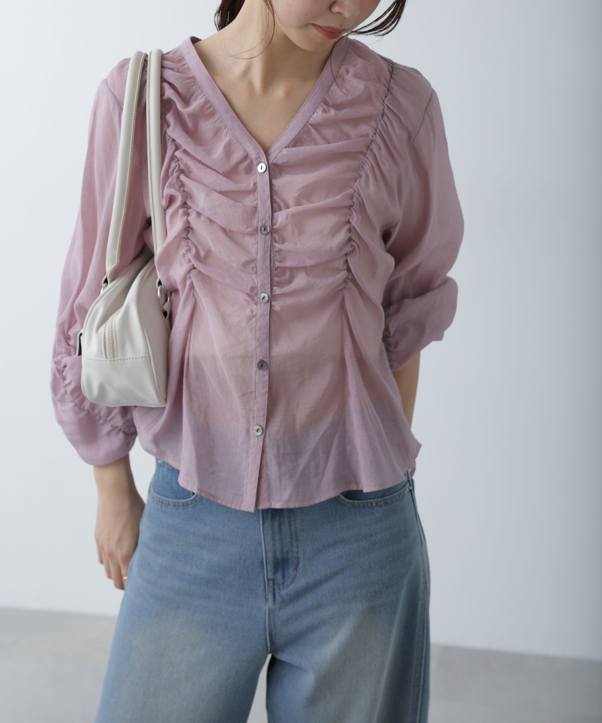  「Ｖネックシャーリングブラウス」|シャツ・ブラウス|ピンク