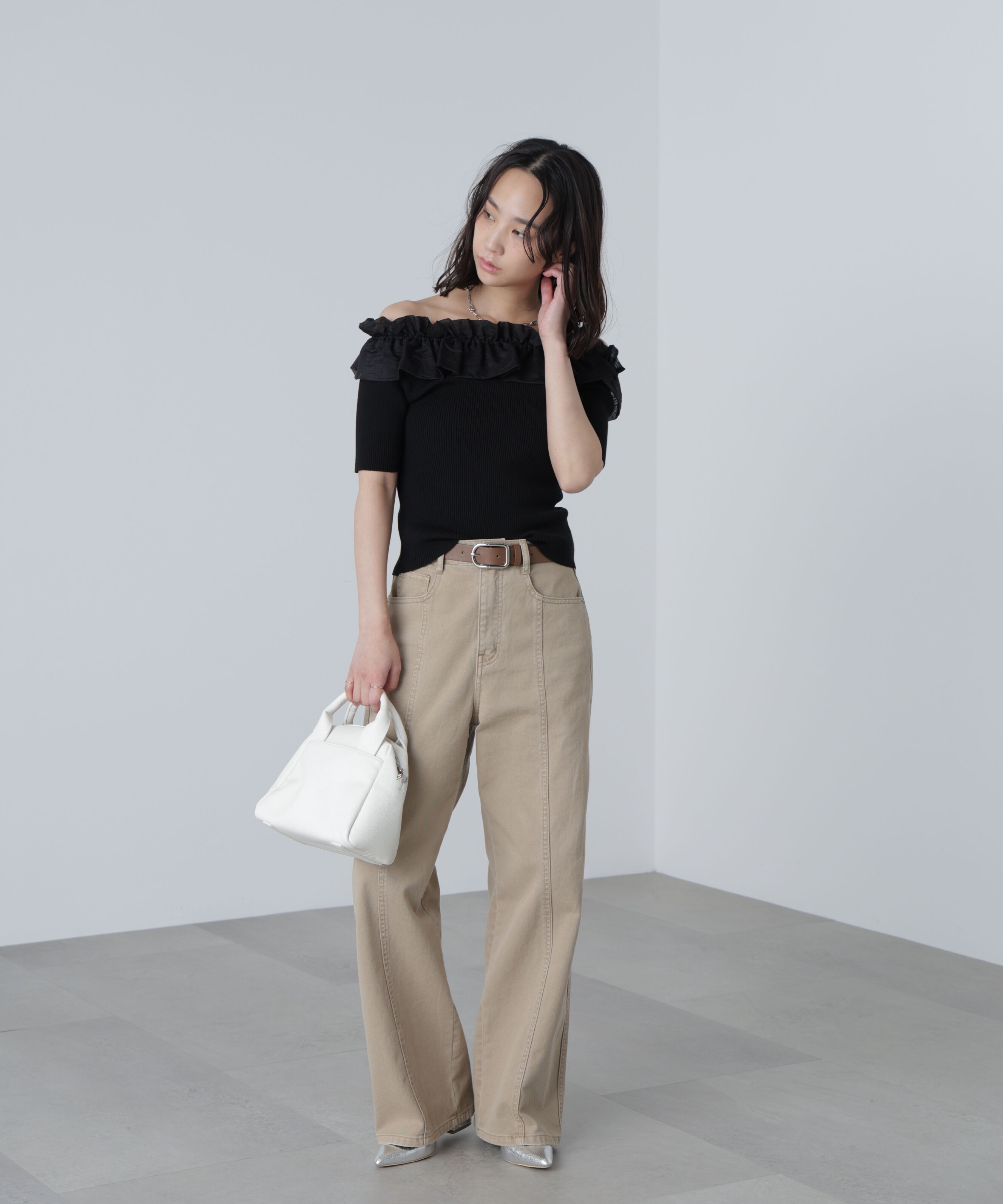  「布帛ドッキングオフショルニット」|ニット・セーター|