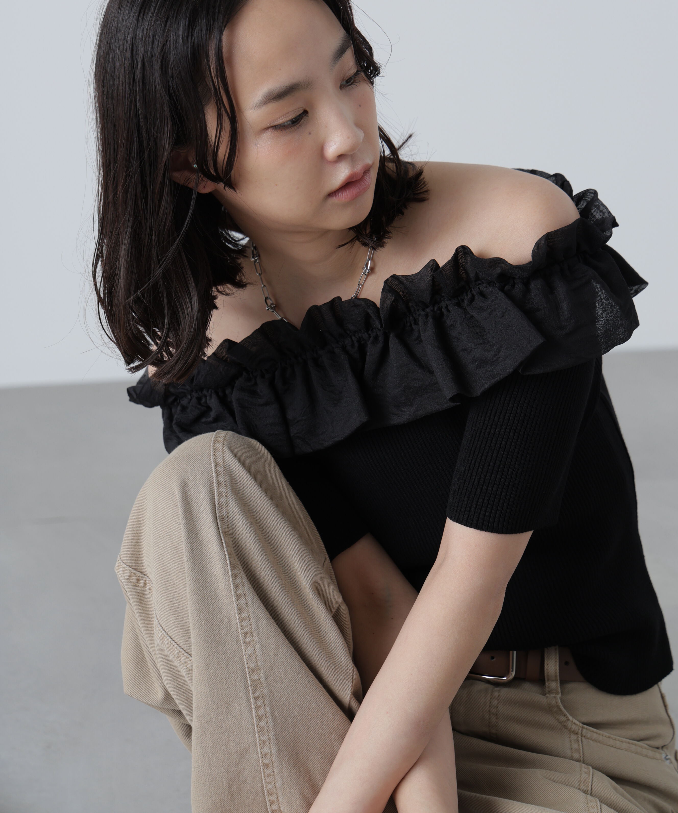  「布帛ドッキングオフショルニット」|ニット・セーター|