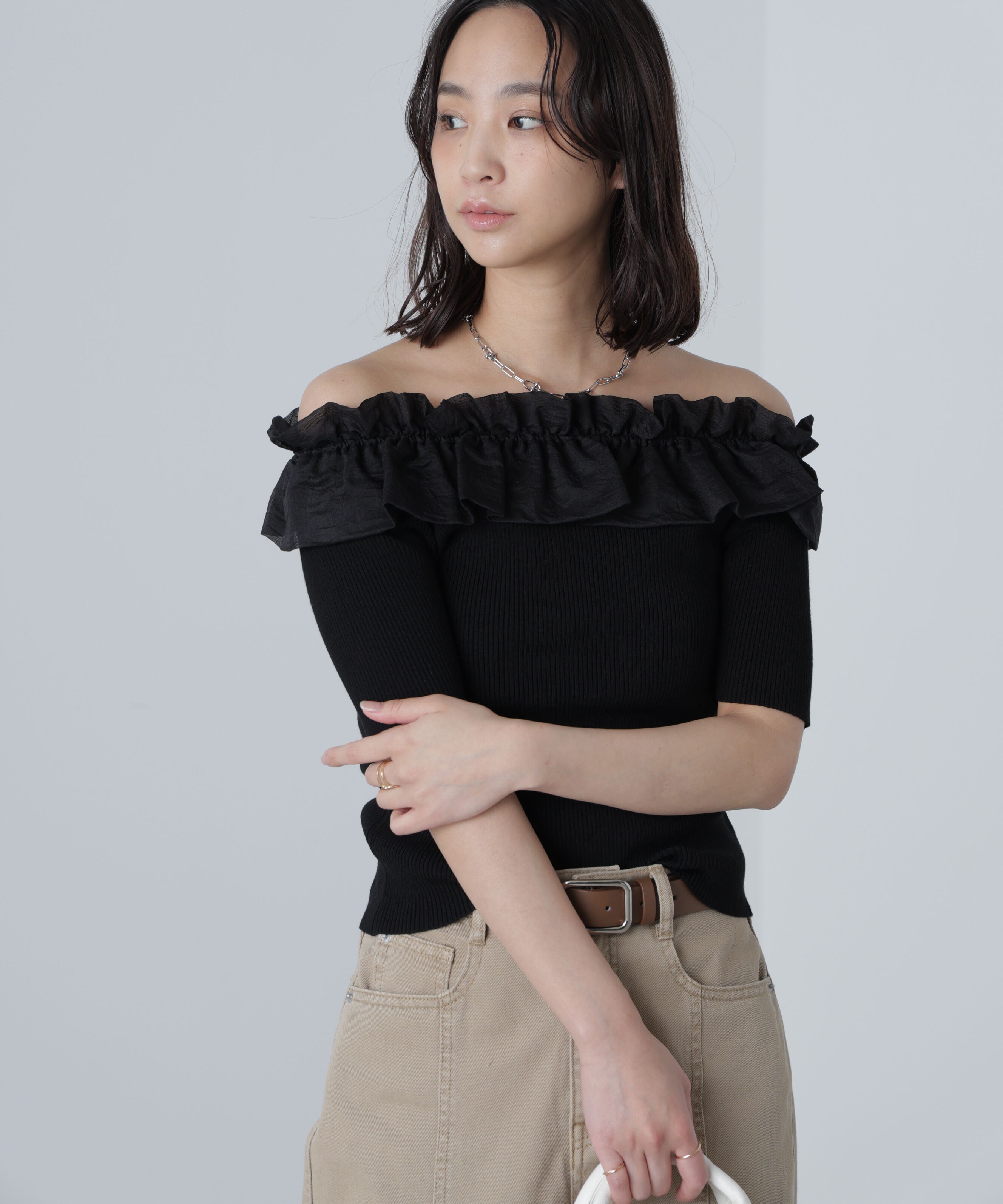  「布帛ドッキングオフショルニット」|ニット・セーター|