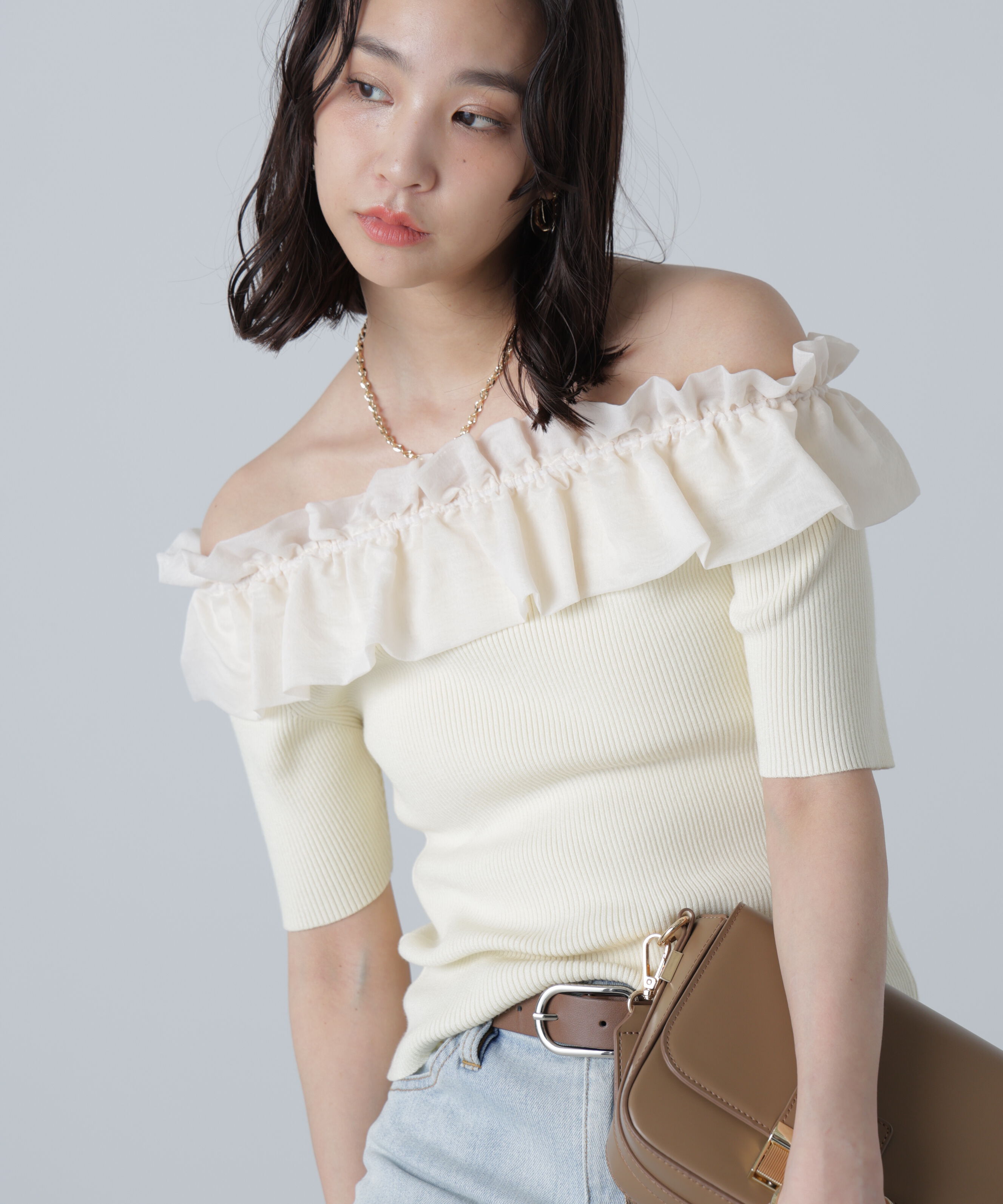  「布帛ドッキングオフショルニット」|ニット・セーター|