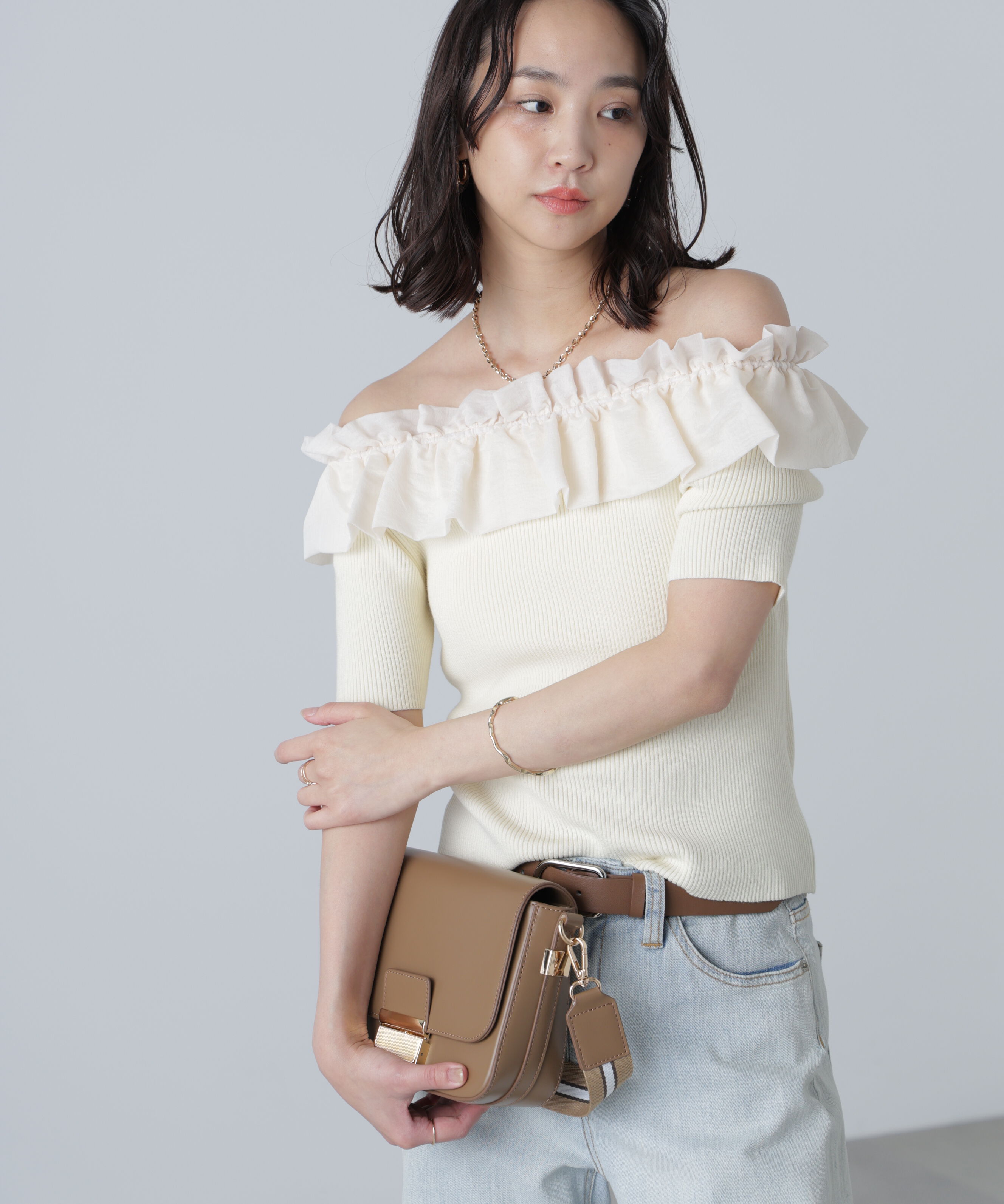  「布帛ドッキングオフショルニット」|ニット・セーター|