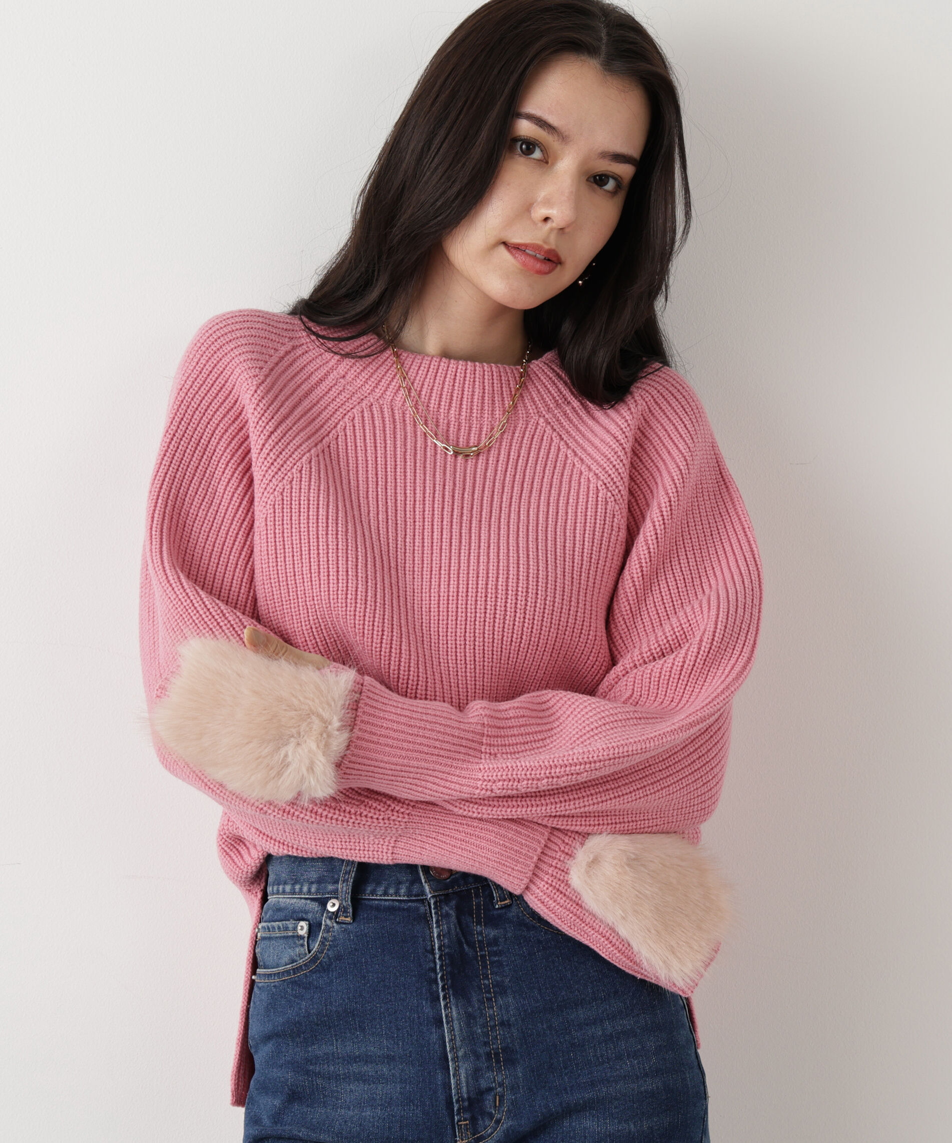  「◆ファーグローブ付き畦ニットプルオーバー」|ニット・セーター|