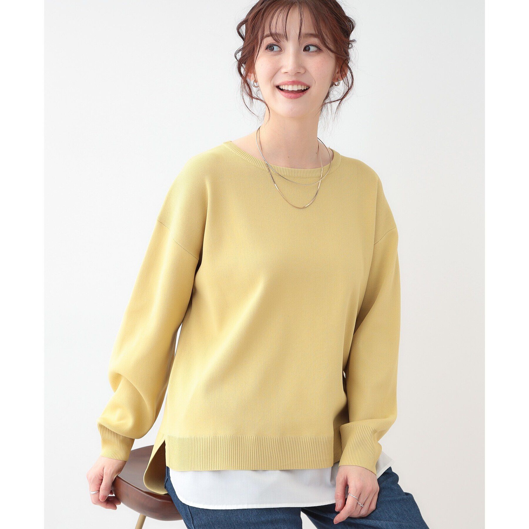 SHOO･LA･RUE「【洗える】一枚で簡単こなれ見え スポンディッシュ 裾レイヤード風ニット」|ニット・セーター|イエロー(031)