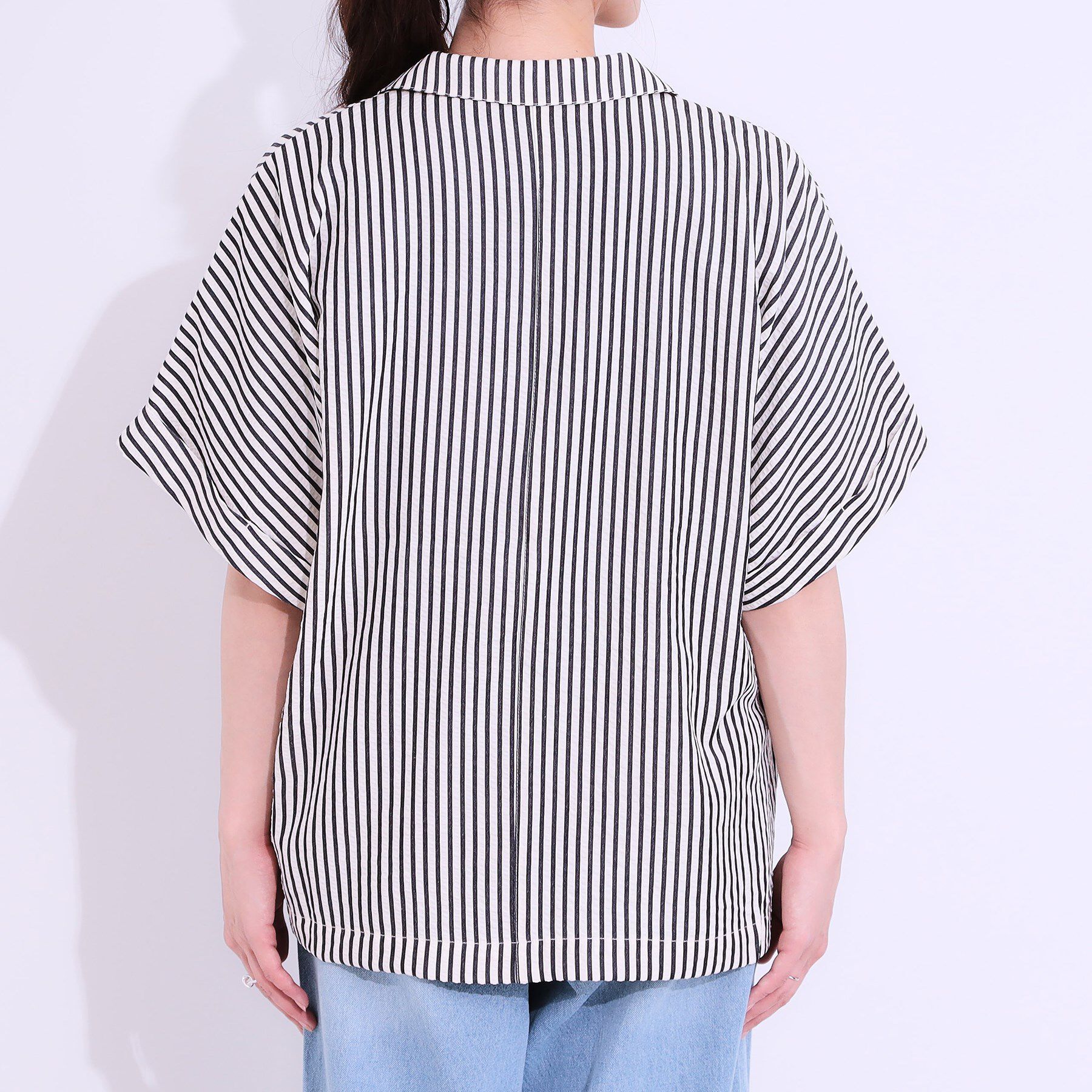 SHOO･LA･RUE「【セットアップ可能/ひんやり/吸水速乾】サッカーストライプ テーラードカラーシャツジャケット」|テーラードジャケット|