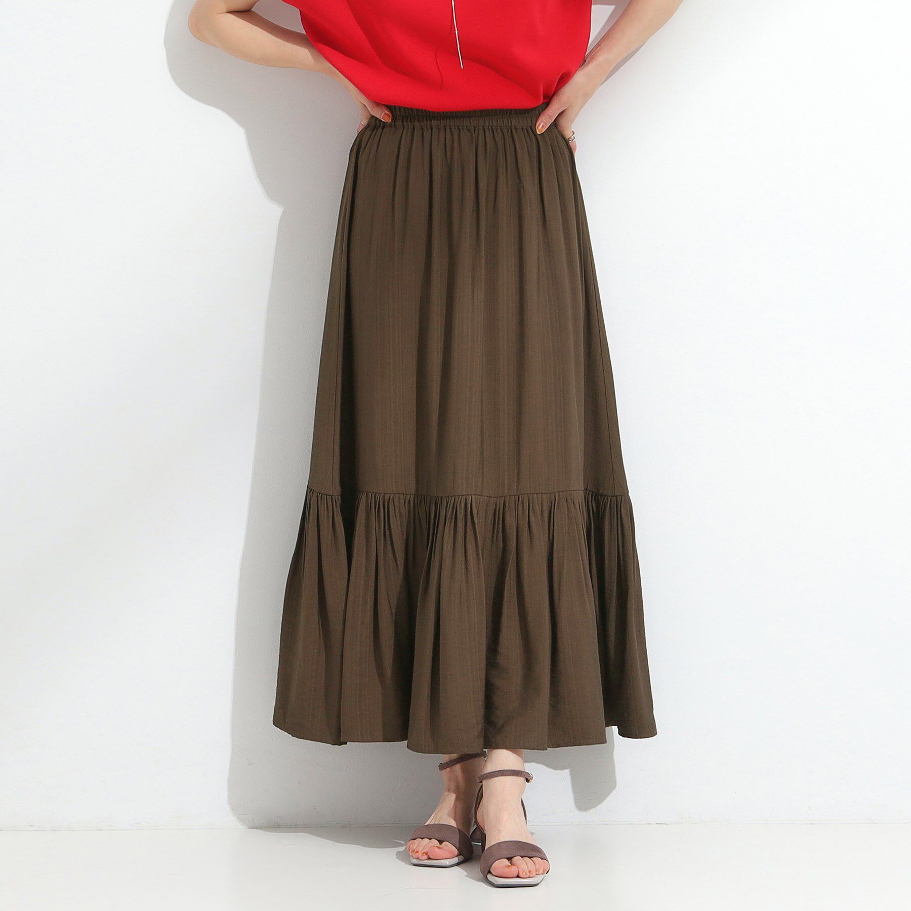 SHOO･LA･RUE「麻調ティアードスカート」|スカート|ブラウン(043)