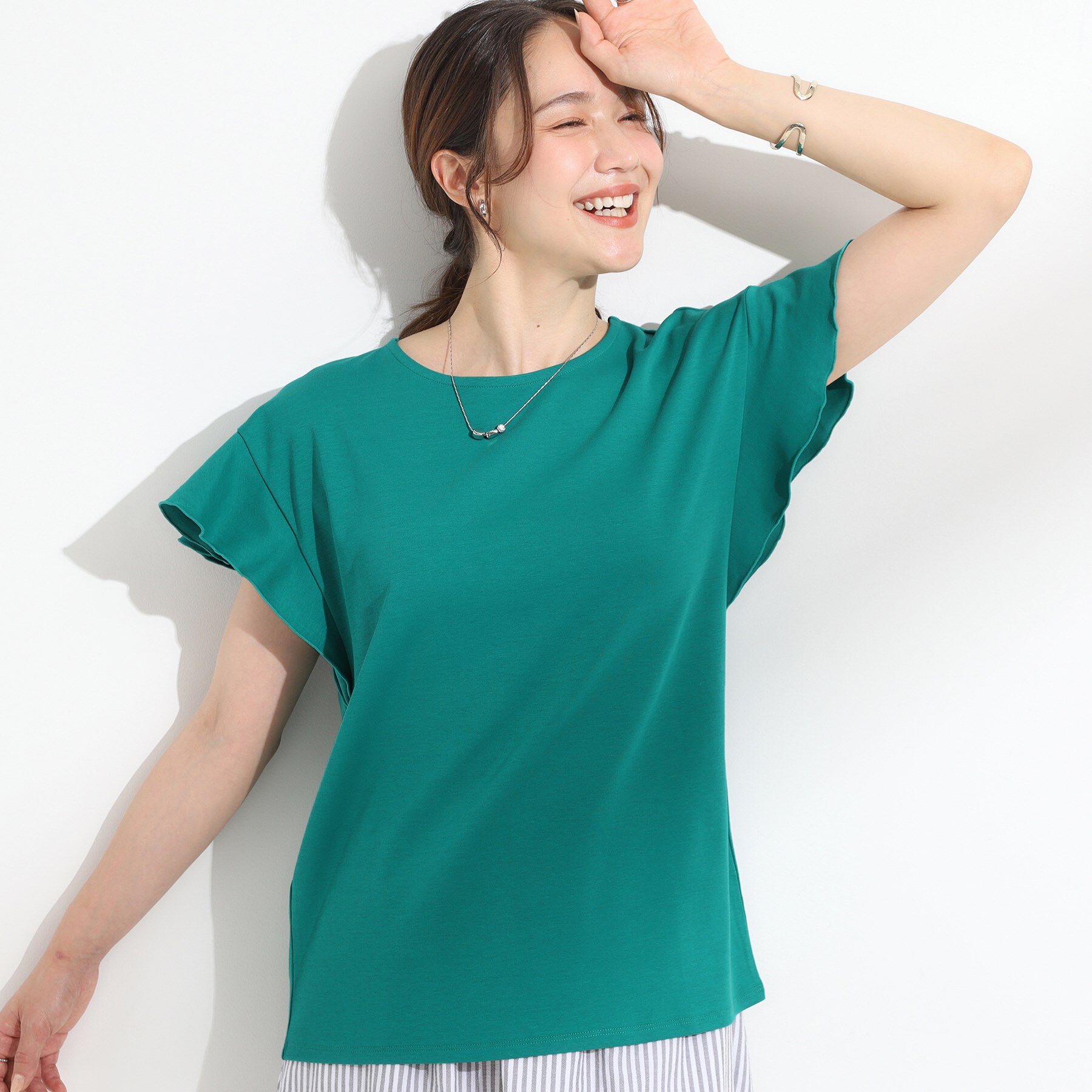 SHOO･LA･RUE「【汗ジミ防止/ひんやり/UV】フリルスリーブTシャツ」|Tシャツ・カットソー|グリーン(022)