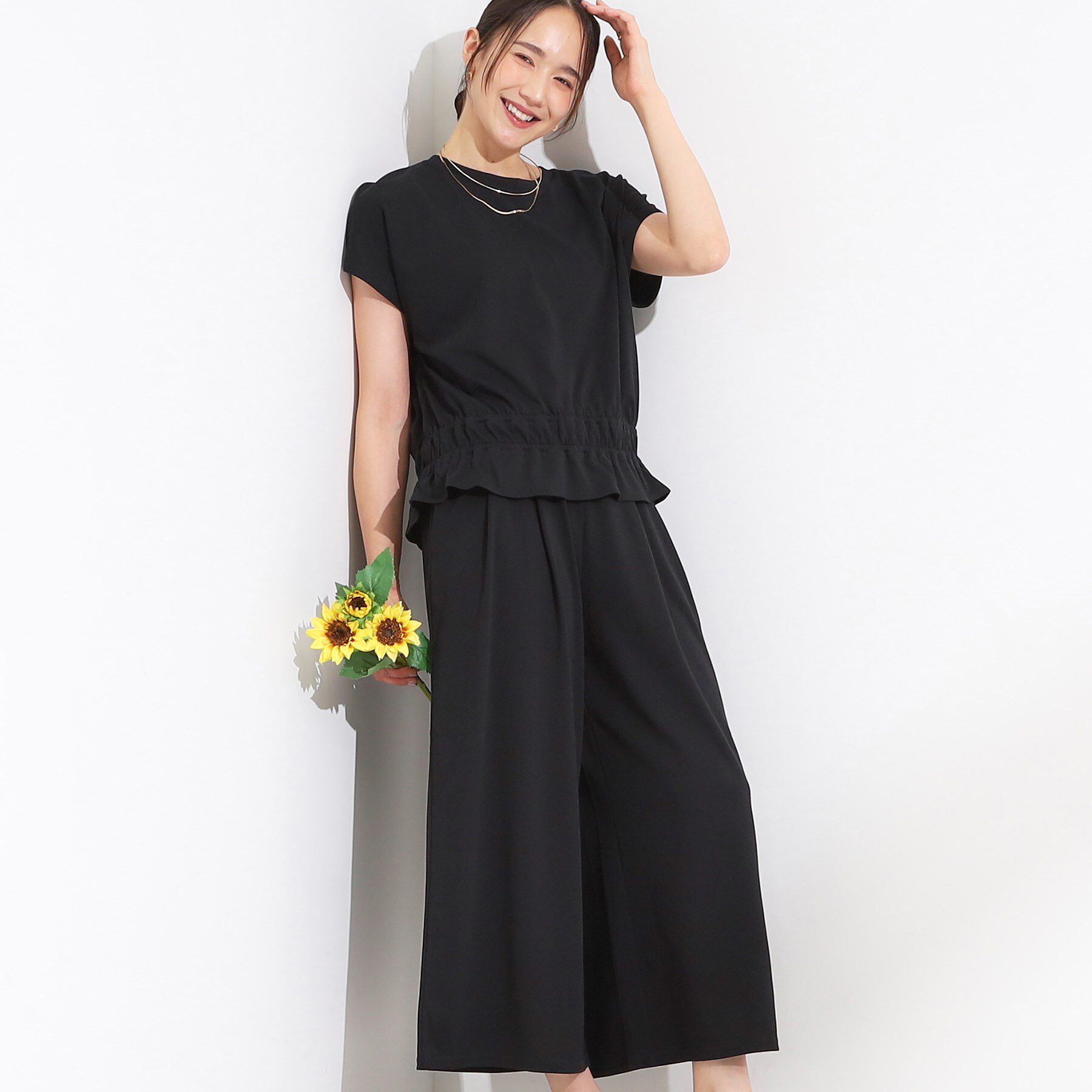 SHOO･LA･RUE「【ひんやり/2点セット】コーデに悩まず決まる トップス＋ガウチョパンツ」|スーツ|ブラック(019)